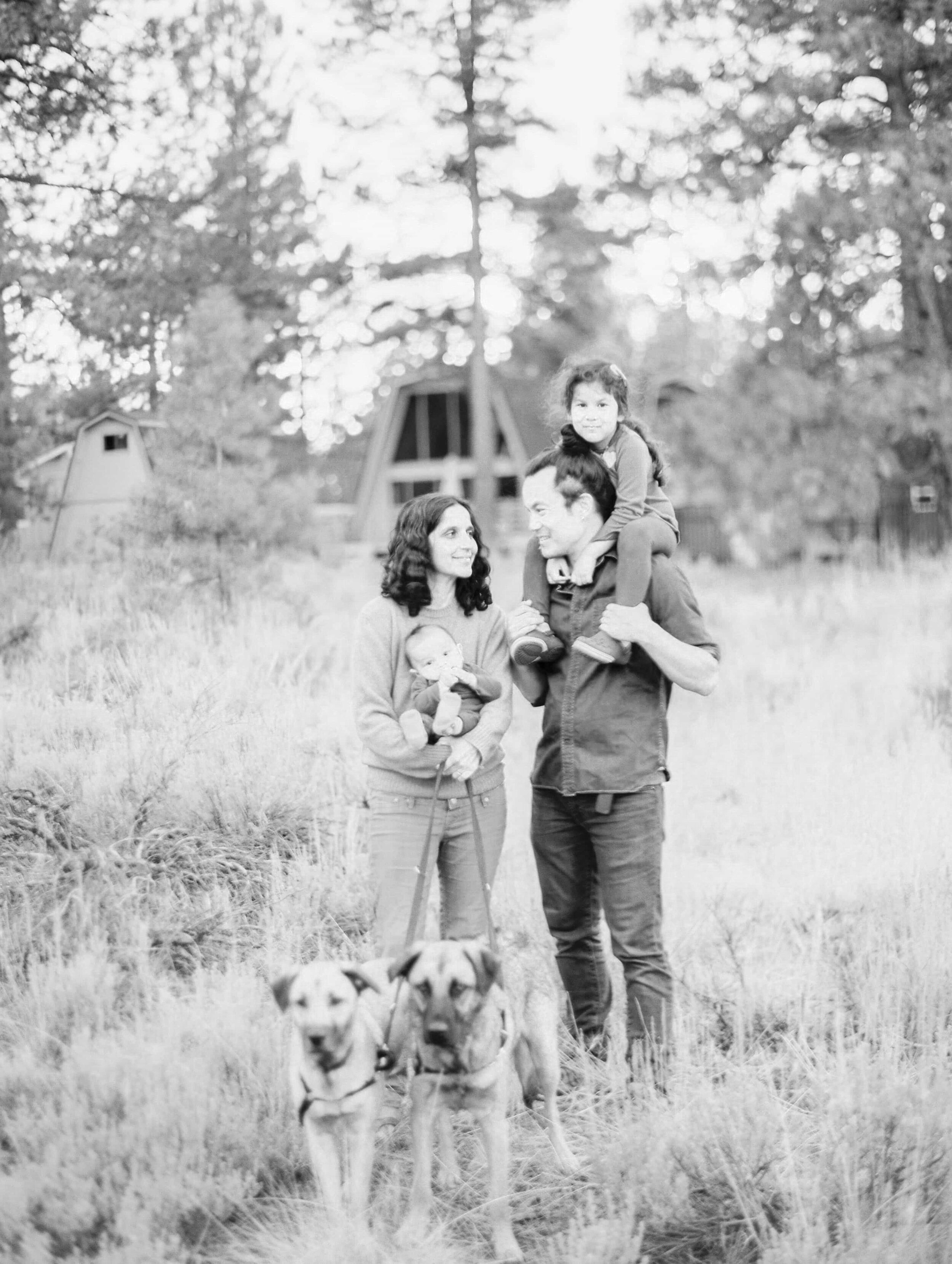 Burton and Trupti with Vera and dogs in truckee