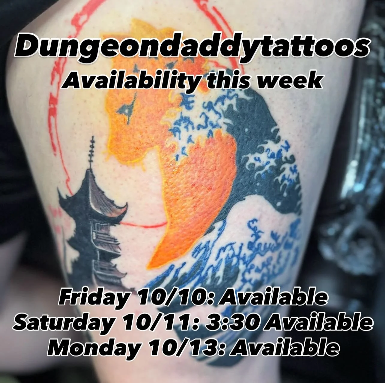 @dungeondaddytattoos Availability this week 10/10/25
&bull;
Welcome to book your consultation/ appointment with him via the website or call the studio directly to be set up for an appointment, Nik&rsquo;s availability is Friday-Monday 11-7pm in studi