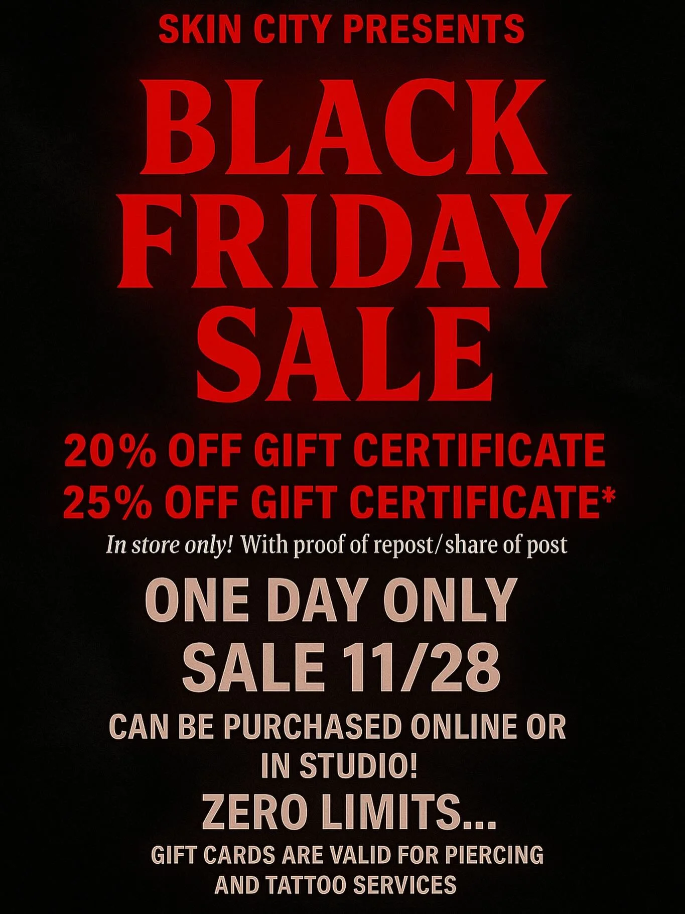 💥 It&rsquo;s here! 💥 Our one day Black Friday Sale 11/28 💥 
&bull;
20% off gift certificate ONLINE
25% off gift certificate IN STORE 
&ldquo;with proof of repost/share of post&rdquo;
&bull;
Stop in store this Black Friday to purchase a gift certif