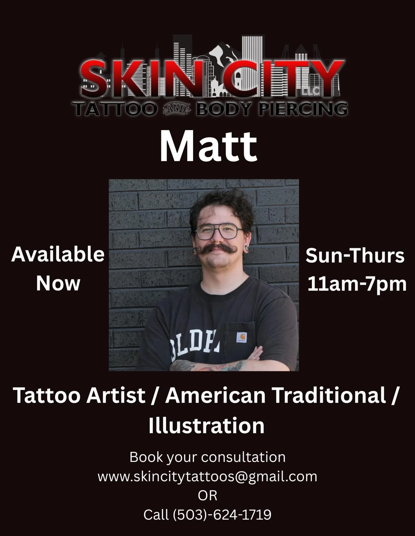 Artist @a_meatpopsicle American traditional / illustration available in studio Sunday-Thursday 11am-7pm
Walk-in / consultations available 
Book online or call to schedule appointments 
&bull;
Matt is looking to expand his portfolio &amp; is open to W