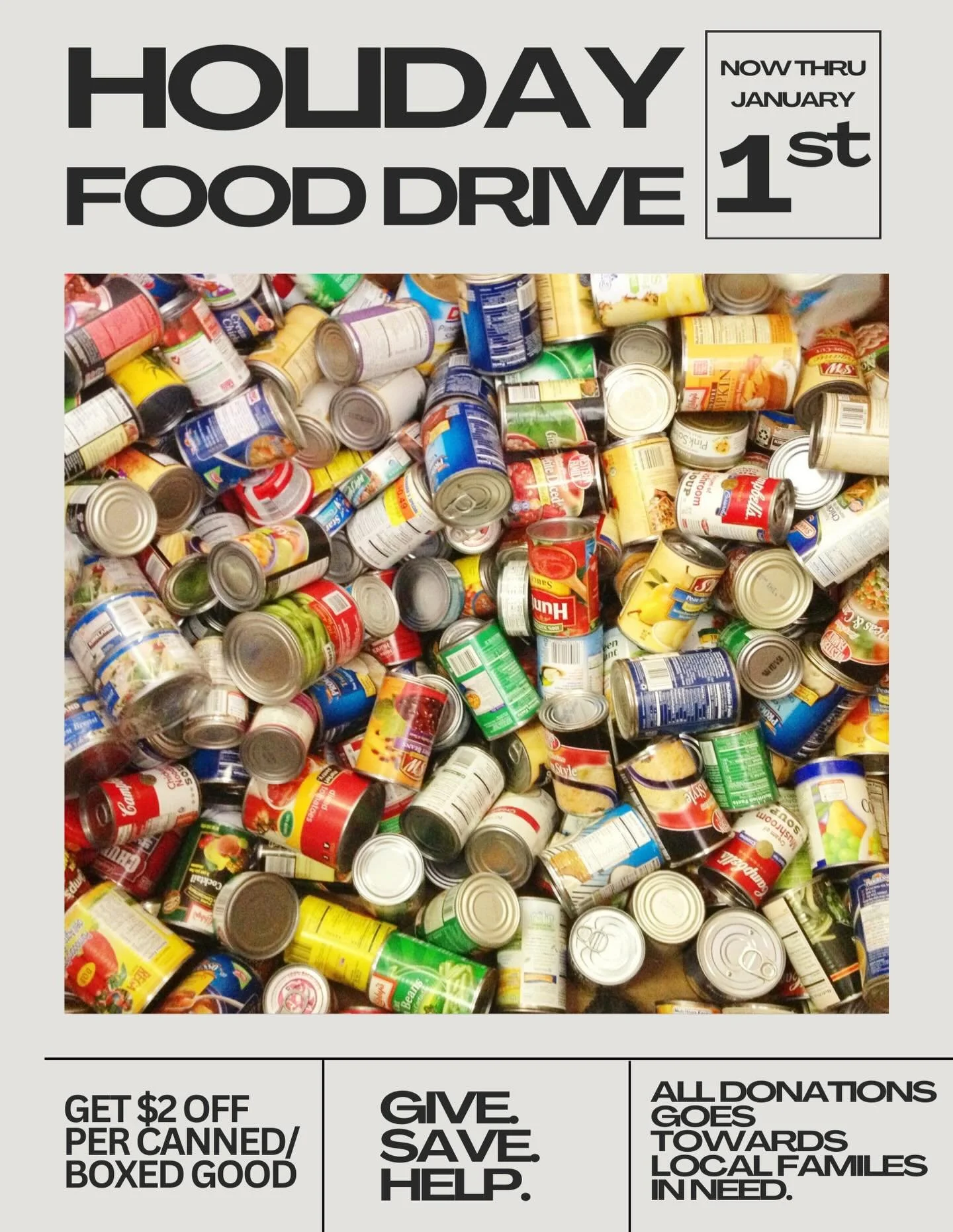 Holiday Food Drive‼️
&bull;
Bring in ANY non-perishable &amp; unexpired item Now throughout January 1st to receive $2 off a tattoo or full piercing service in studio‼️ *up to $10 max*
&bull;
We are looking to help donate to local families in need thi