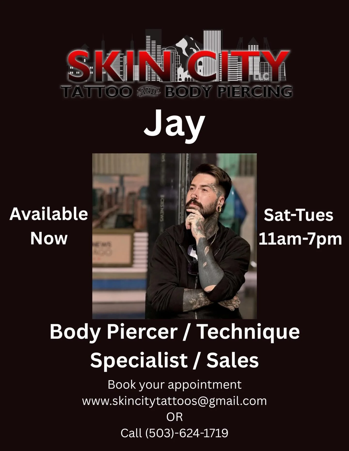 Piercer @jay_fills_holes technique specialist &amp; sales associate on the studio floor, available Saturday-Tuesdays 11am-7pm
Walk-in / consultations available 
Book online or call to schedule an appointment 
&bull;
Jay&rsquo;s style combines precisi