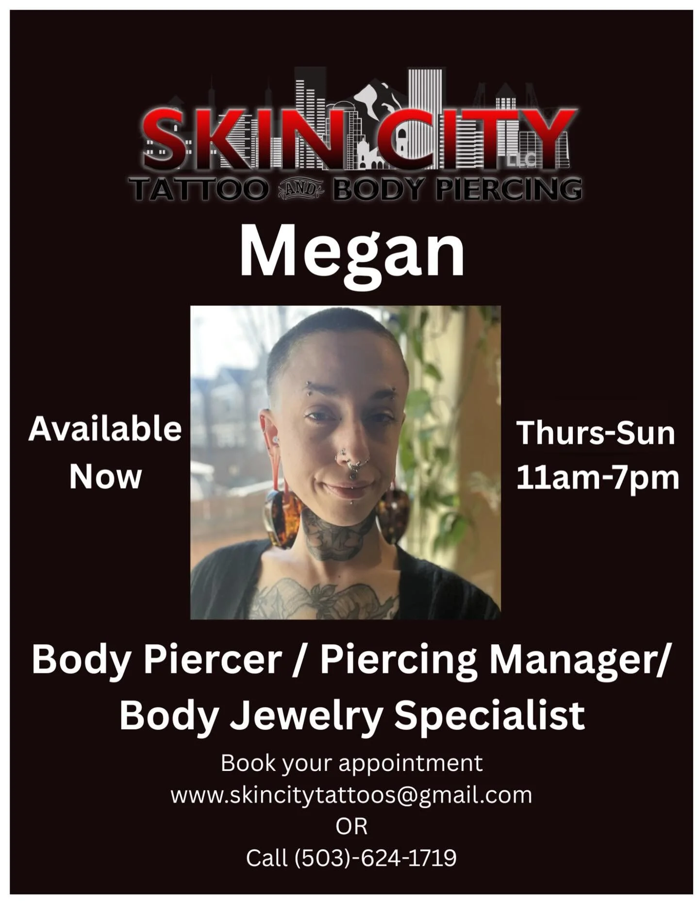 Piercer @mnb.piercings piercing lead/ manager, body jewelry specialist &amp; inventory lead.
Available Thursday-Sunday 11am-7pm
Walk-in / consultations available 
Book online or call to schedule an appointment 
&bull;
Megan&rsquo;s statement: &ldquo;