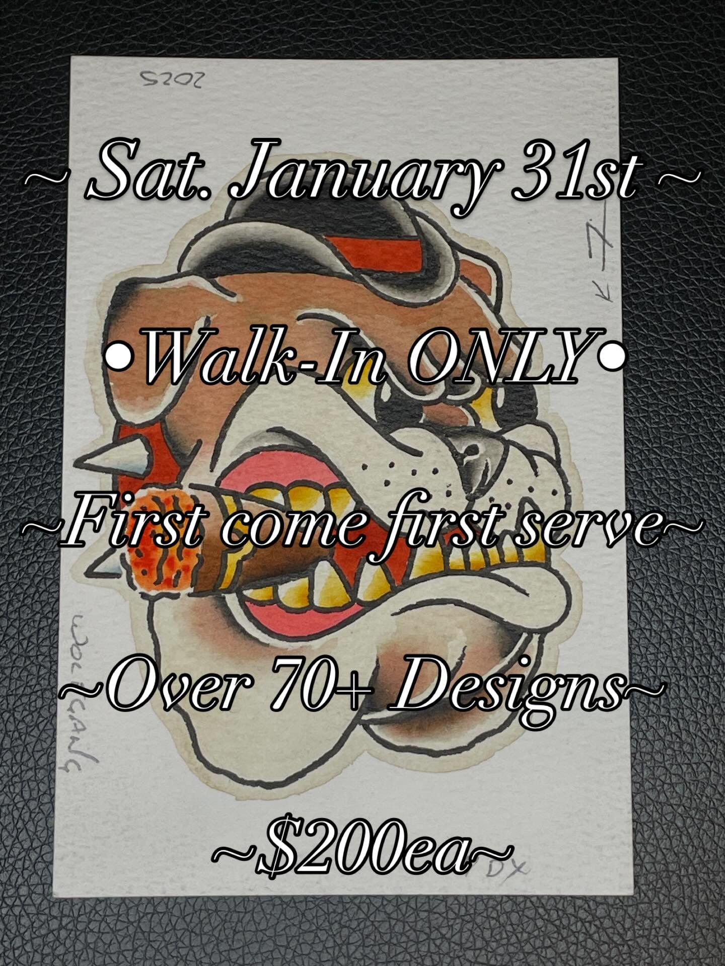 ~ Sat. January 31st ~
&bull; Walk-in Flash &bull;
&ldquo;first come first serve&rdquo; 
~ Over 70+ designs ~
~ $200ea ~
@kenfisher13 
11am-7pm
&bull;
Come drop by anytime Saturday January 31st Ken will be offering up $200 flash pieces all day with ov