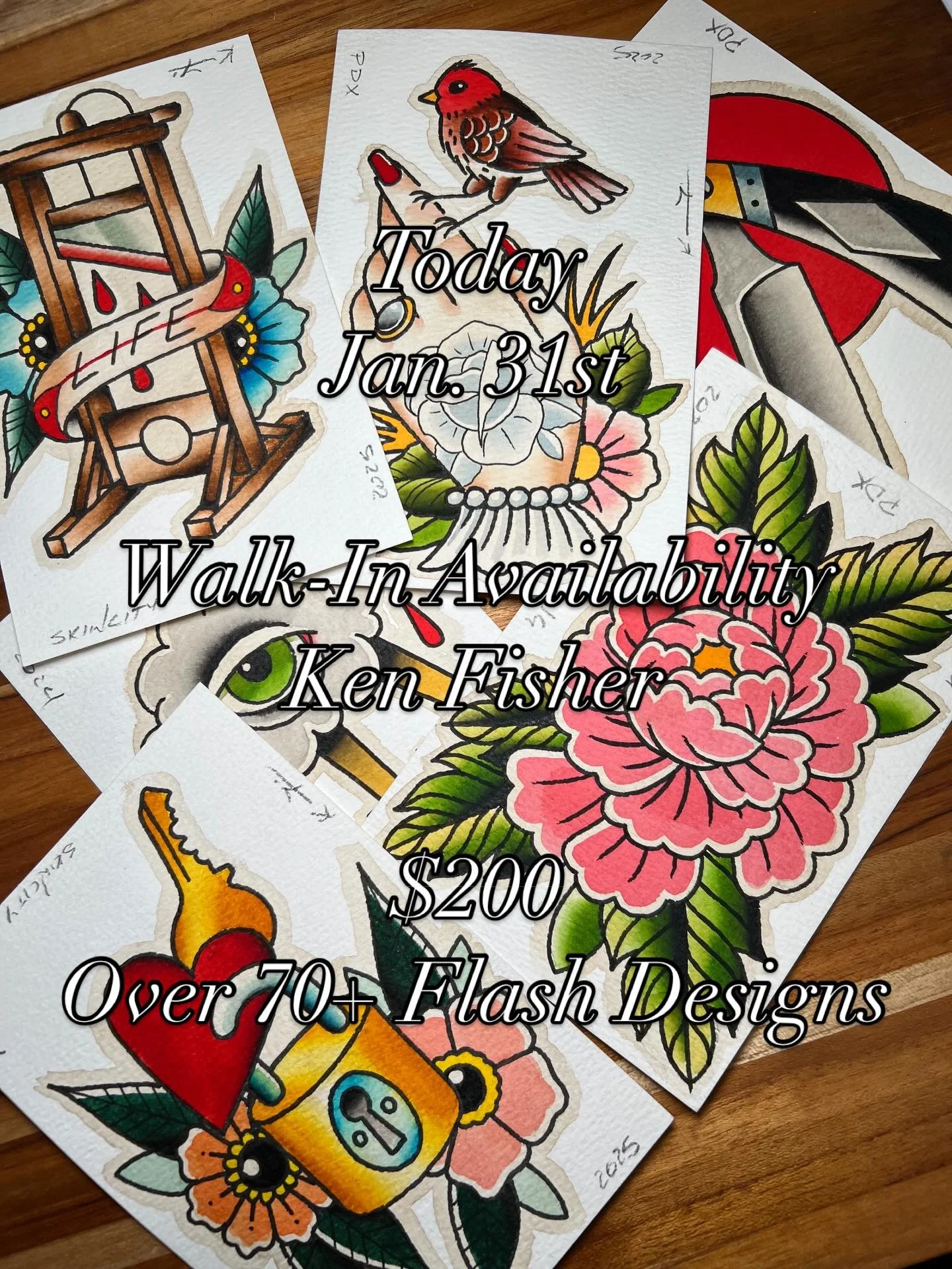 Come on into the studio today &ldquo;Jan. 31st&rdquo;
~ @kenfisher13 ~
Offering Walk-In availability 
$200
Over 70+ Flash Designs
&bull;
First come first serve