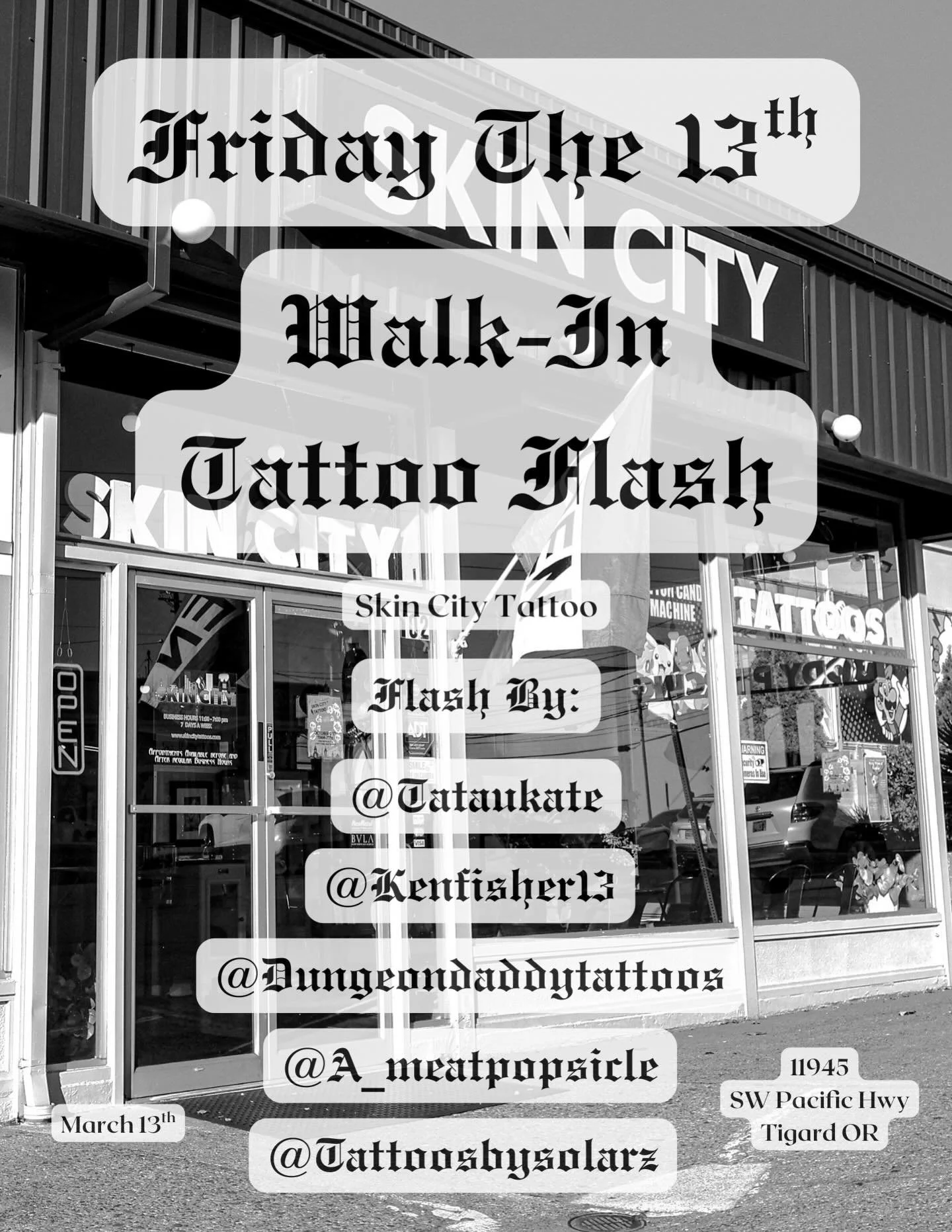 Friday March 13th!!!
&bull;
Walk-in&rsquo;s only! Tattoo availability with Five artist in studio, all will have available flash to choose from alongside some general designs! Remember this is a FLASH event! NO CUSTOM DESIGNS, all flash is already dra