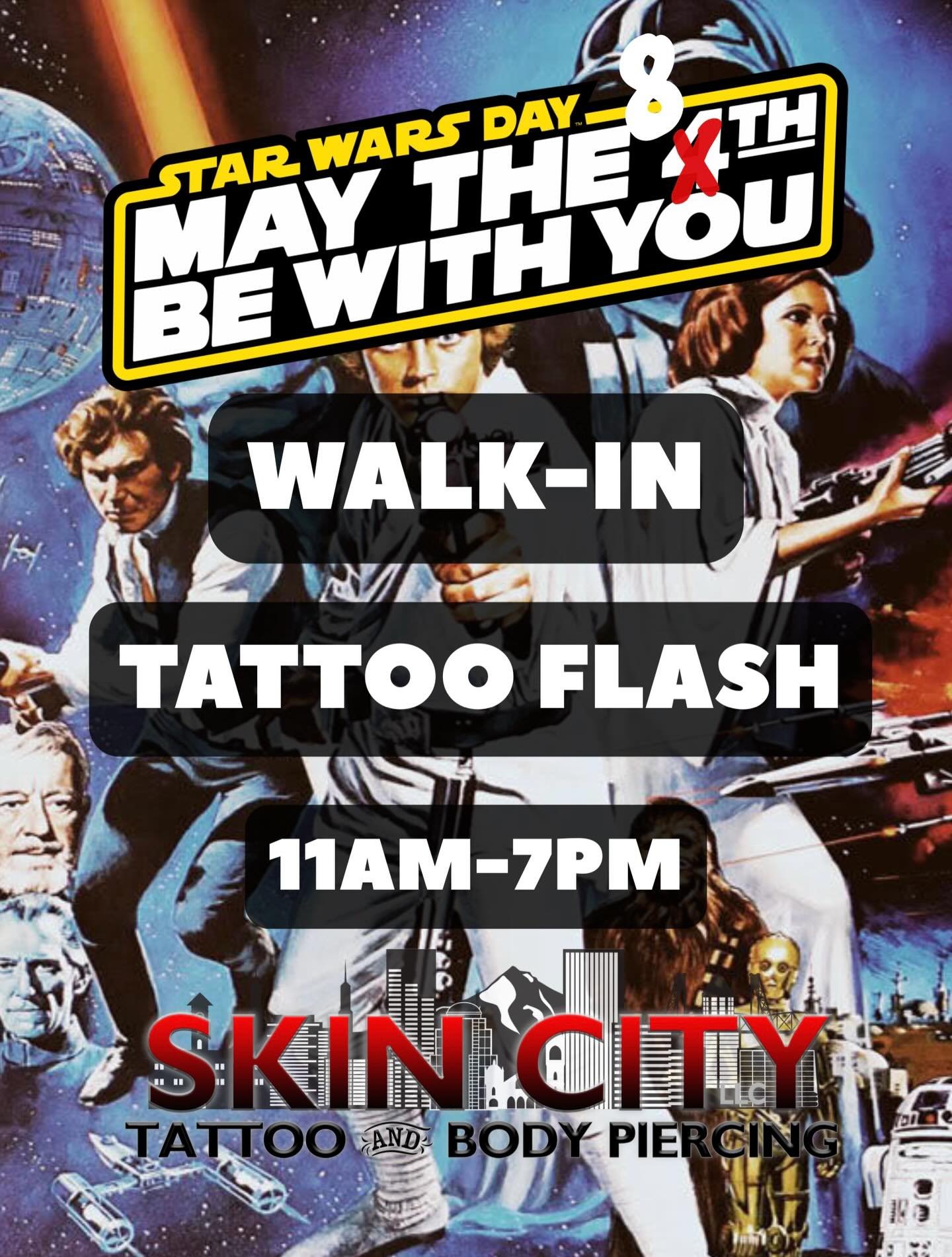 May the 8th be with you!!!!
&bull;
Next Tattoo Flash Day is upon us!! &ldquo;Look sir DROIDS!&rdquo; 
Come by the studio May 8th - 11am-7pm
Tattoo Flash Walk-in Day! Artists will have Star Wars, Sci-fi style pieces available to tattoo all day, first 