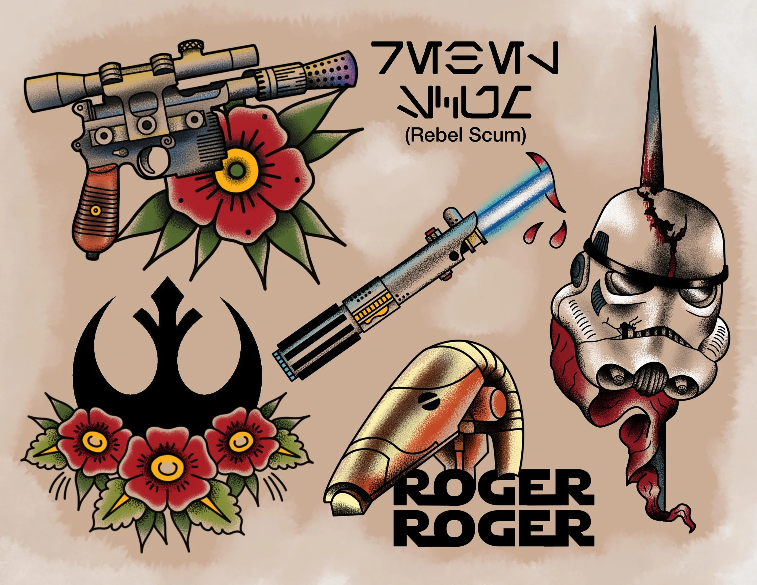 Outta this world Star Wars flash done by @a_meatpopsicle for tomorrow&rsquo;s upcoming Tattoo flash event! 5/8
&bull;
Interested in one of these designs by Matt drop by the studio tomorrow 11am-7pm all day for Walk-in availability!