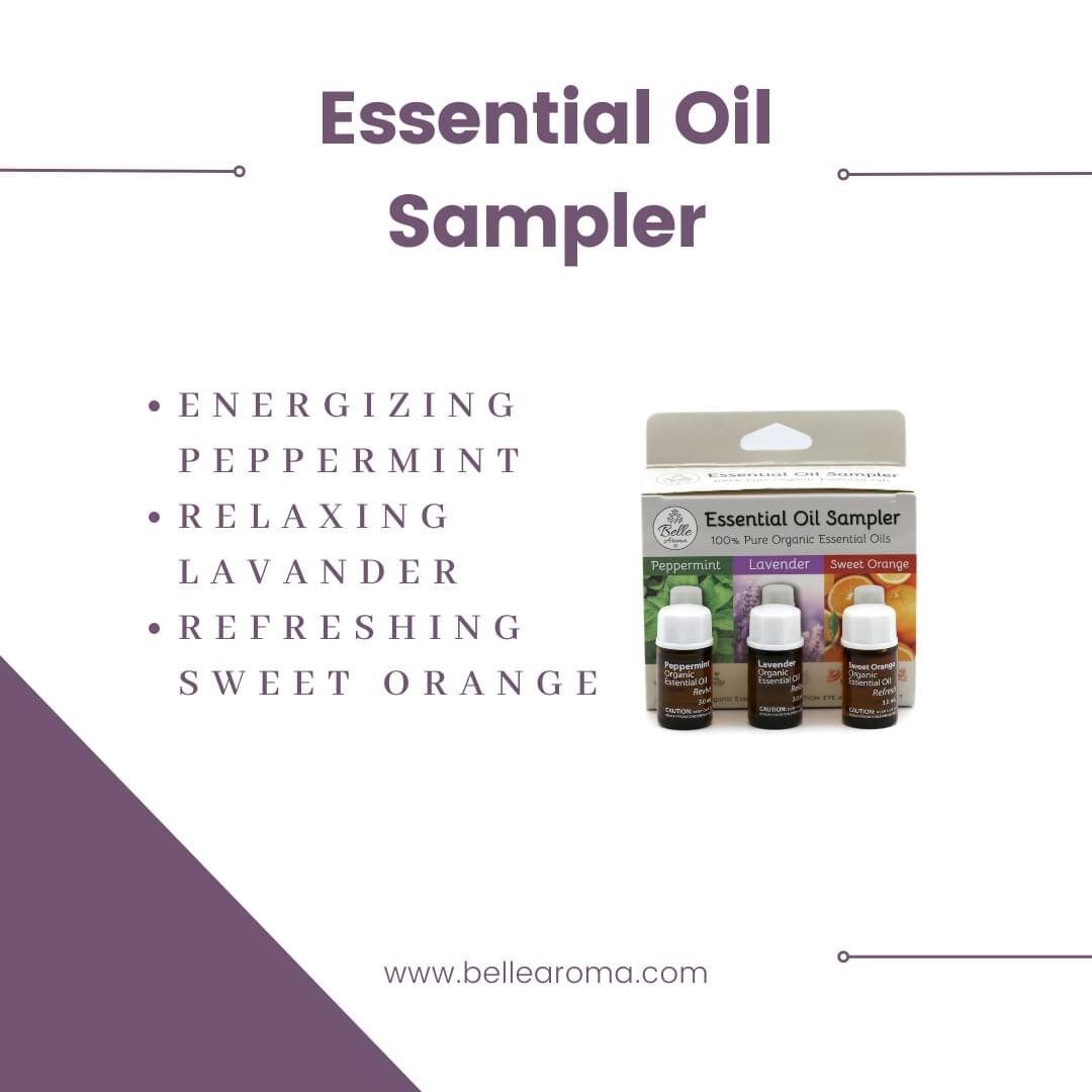 Three tried and true fragrances, one convenient Essential Oil Sampler. Perfect for new aromatherapy customers, the Belle Aroma&reg; Essential Oil Sampler gives them a small amount of our three most popular fragrances to introduce them into the world 