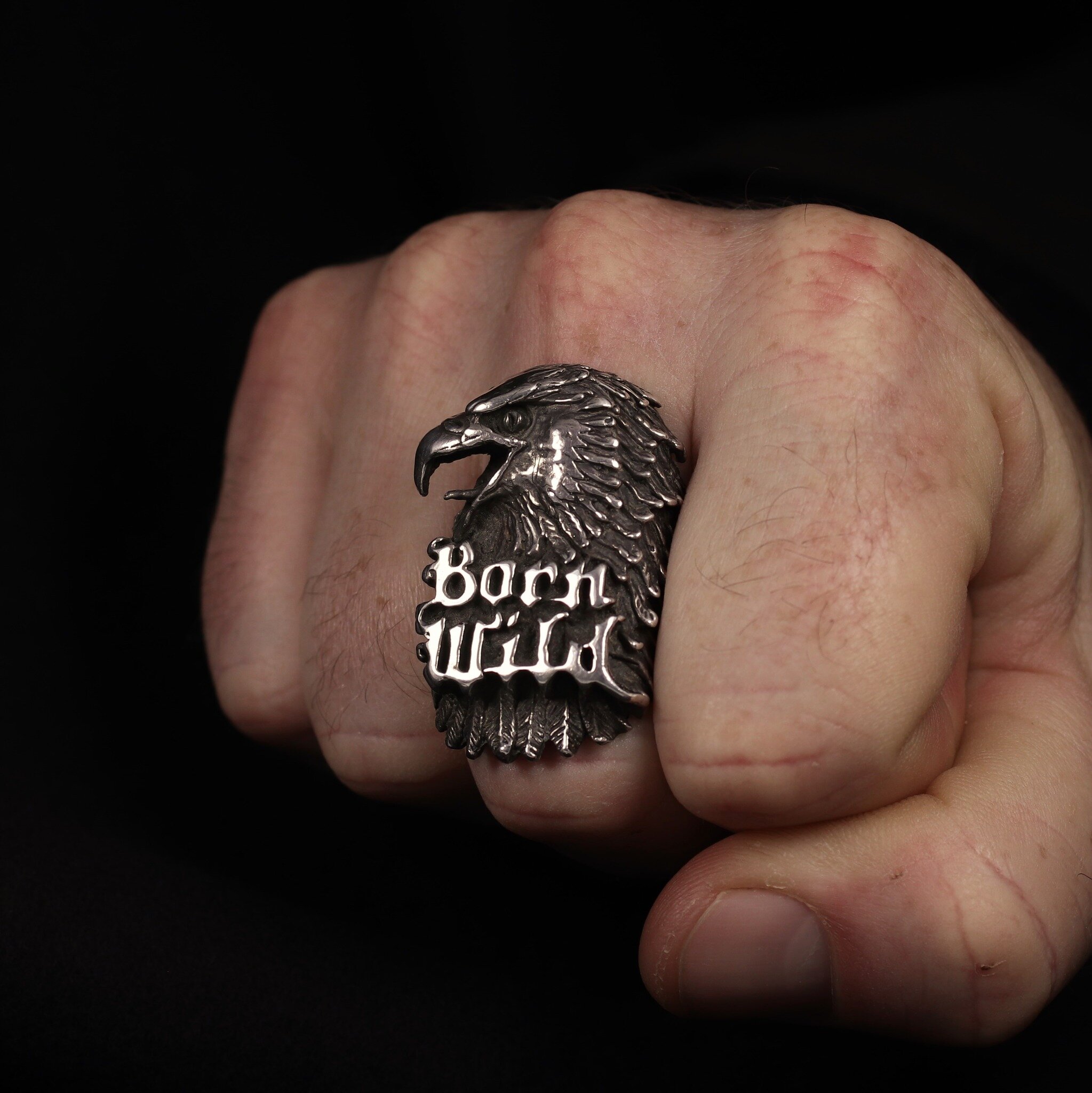 'Born Wild' Screaming eagle ring in sterling silver. Available in a range of sizes and also in gold, upon request.