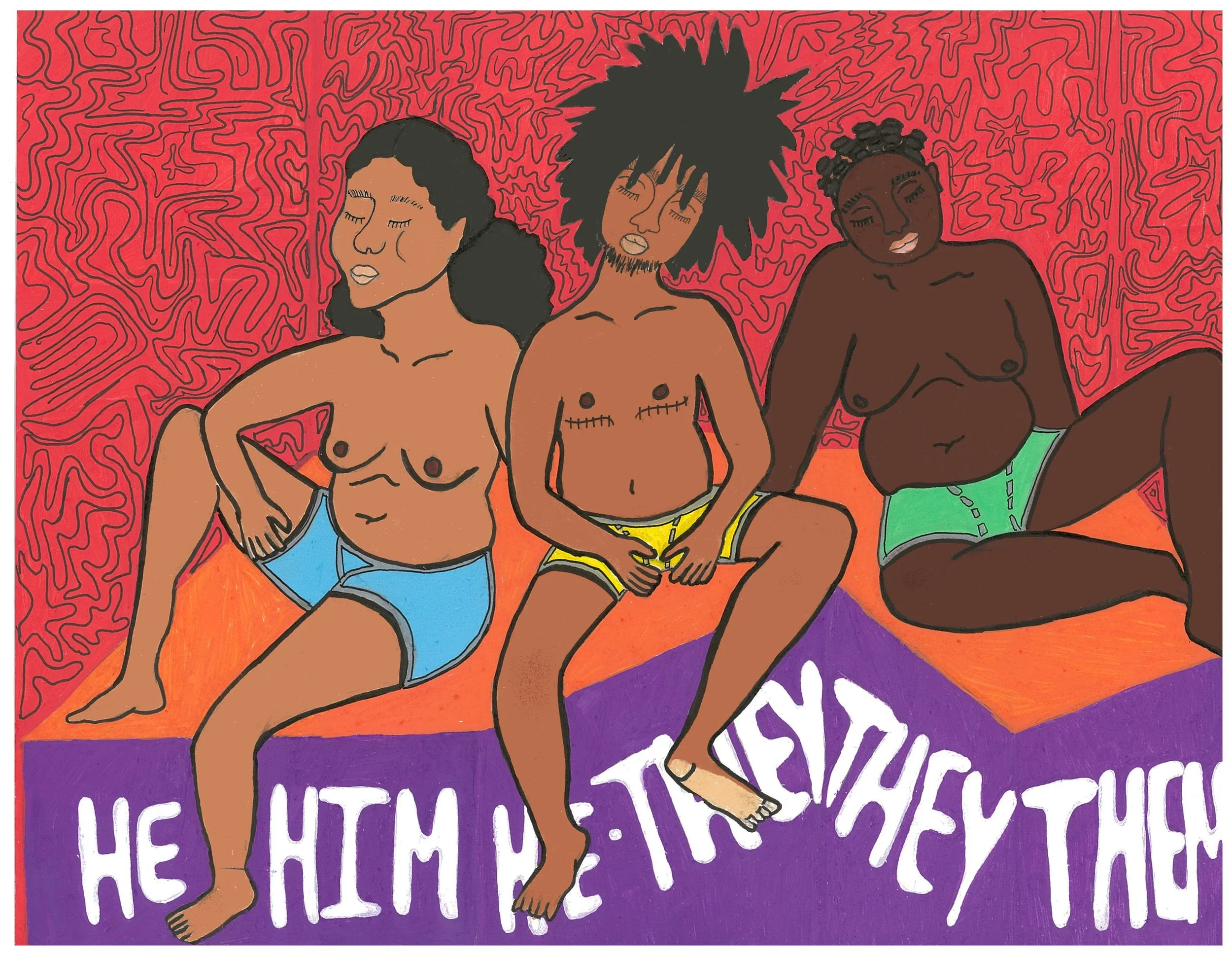 Three individuals of a range of Black and brown skin towns all sitting on an orange and purple platform that has white text "he him he they they them." Behind them is a red background with black squiggle designs.