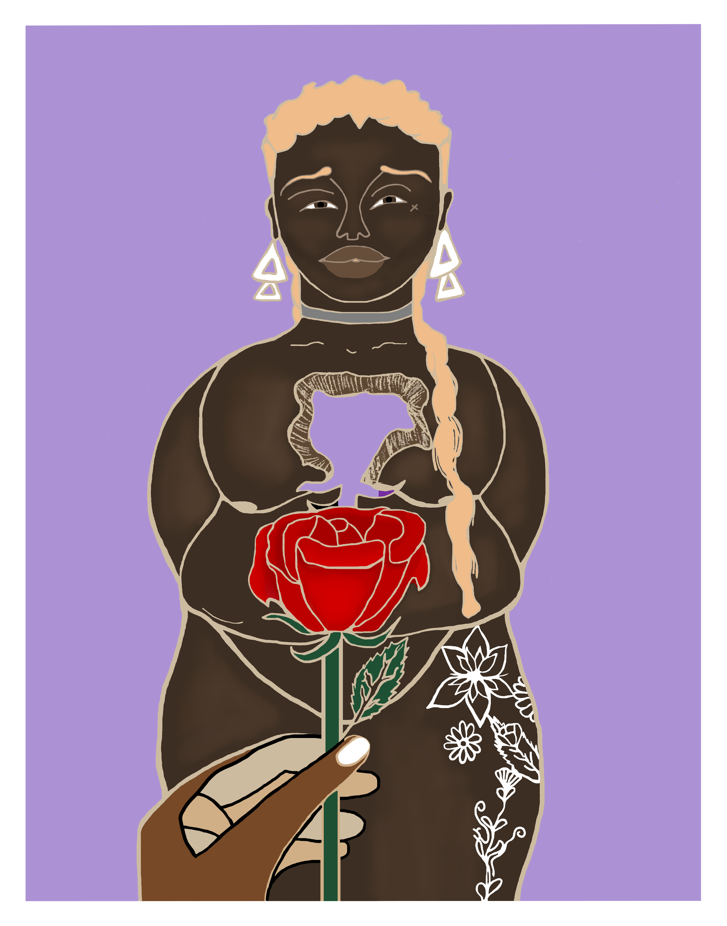 Purple background. An illustration of a dark-skinned Black person with a rose-shaped hole in their heart. A hand at the bottom of the image is holding a red rose in front of them.