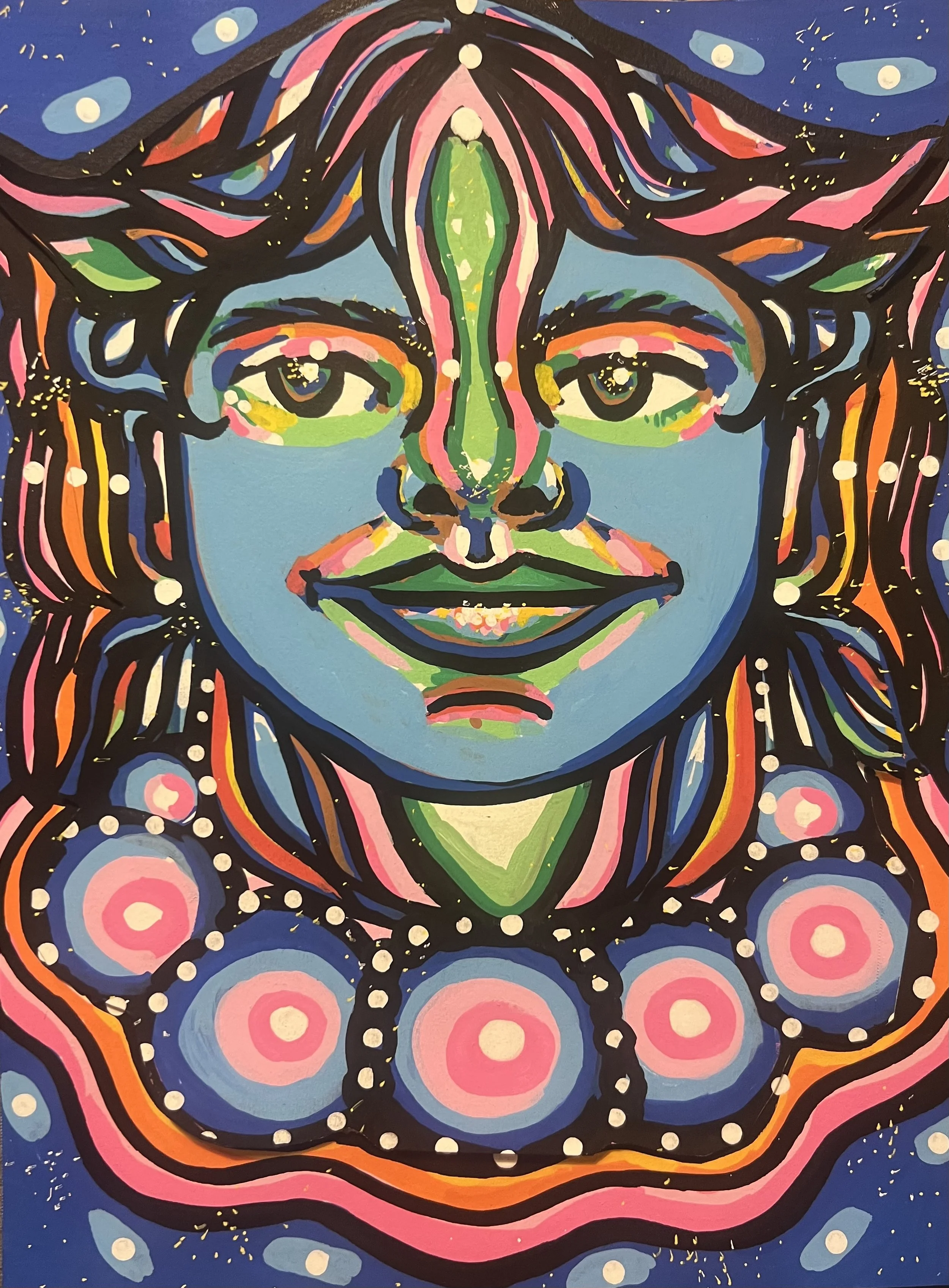 Painting of a face with vibrant colors and a cosmic theme