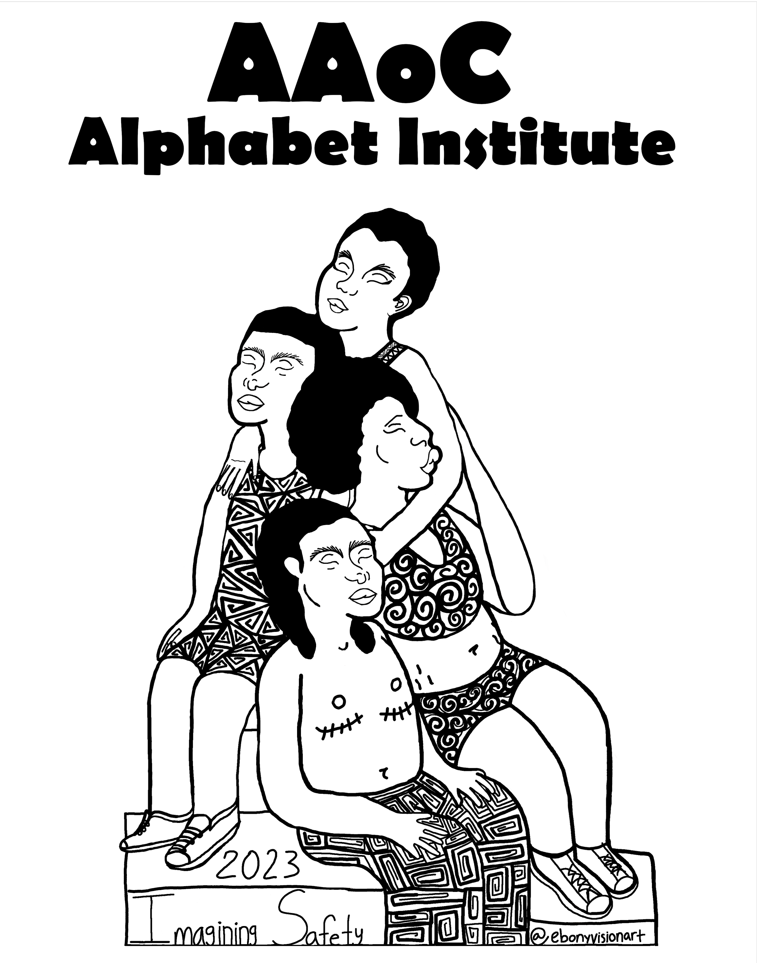 Black and white illustration of four individuals of different races, ethnicities, and genders holding each other. They have various geometric patterns on their clothing. At the top in black text "AAoC Alphabet Institute" and smaller black text below.