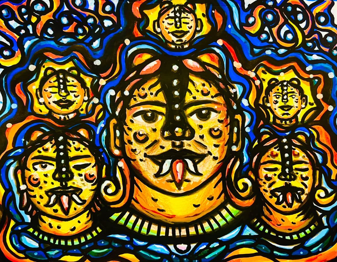 Vibrant painting of faces with wavy lines connecting them