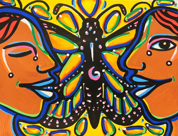 Painting of the side profiles of two people facing each other with a butterfly in the center
