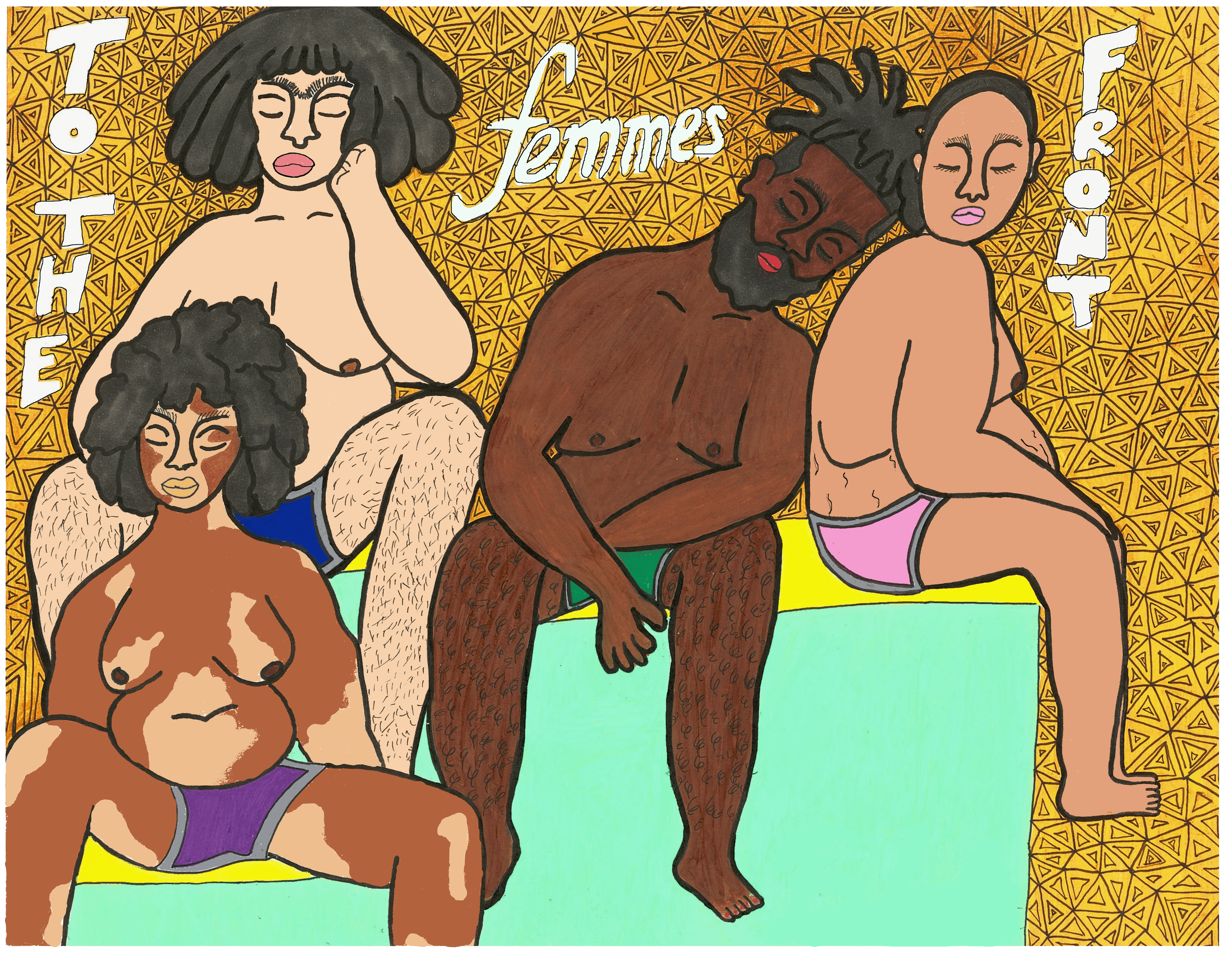 BIPOC folks of different Black and brown skin tones sitting in their underwear on a platform, white text says "femmes to the front"