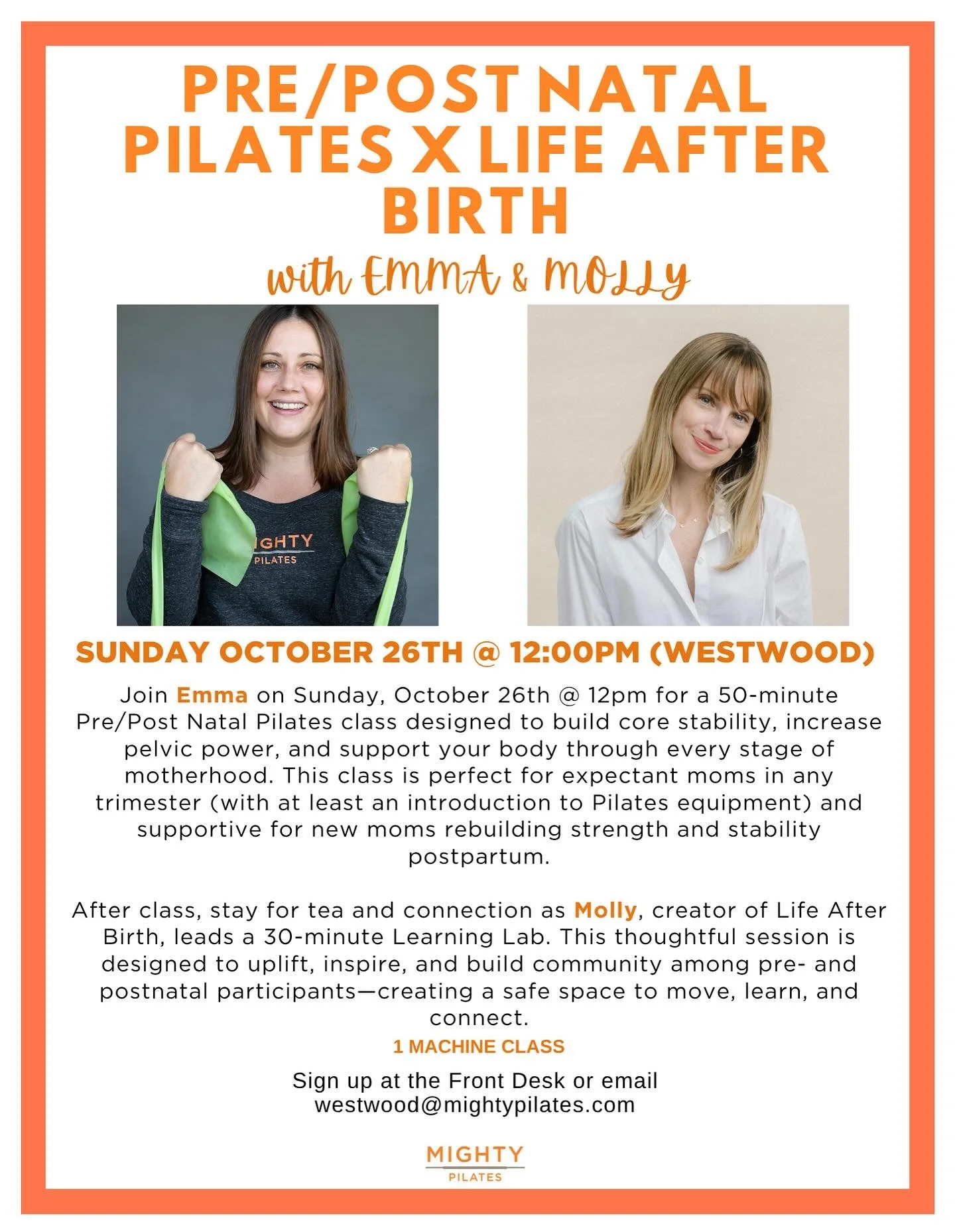Pre/Post Mighty Pilates x Life After Birth 

This special event features a 50-minute Pre/Post Natal Pilates class led by seasoned @mightypilatesla teacher Emma, followed by a 30-minute community-building discussion led by
@lifeafterbirth_la Founder, 