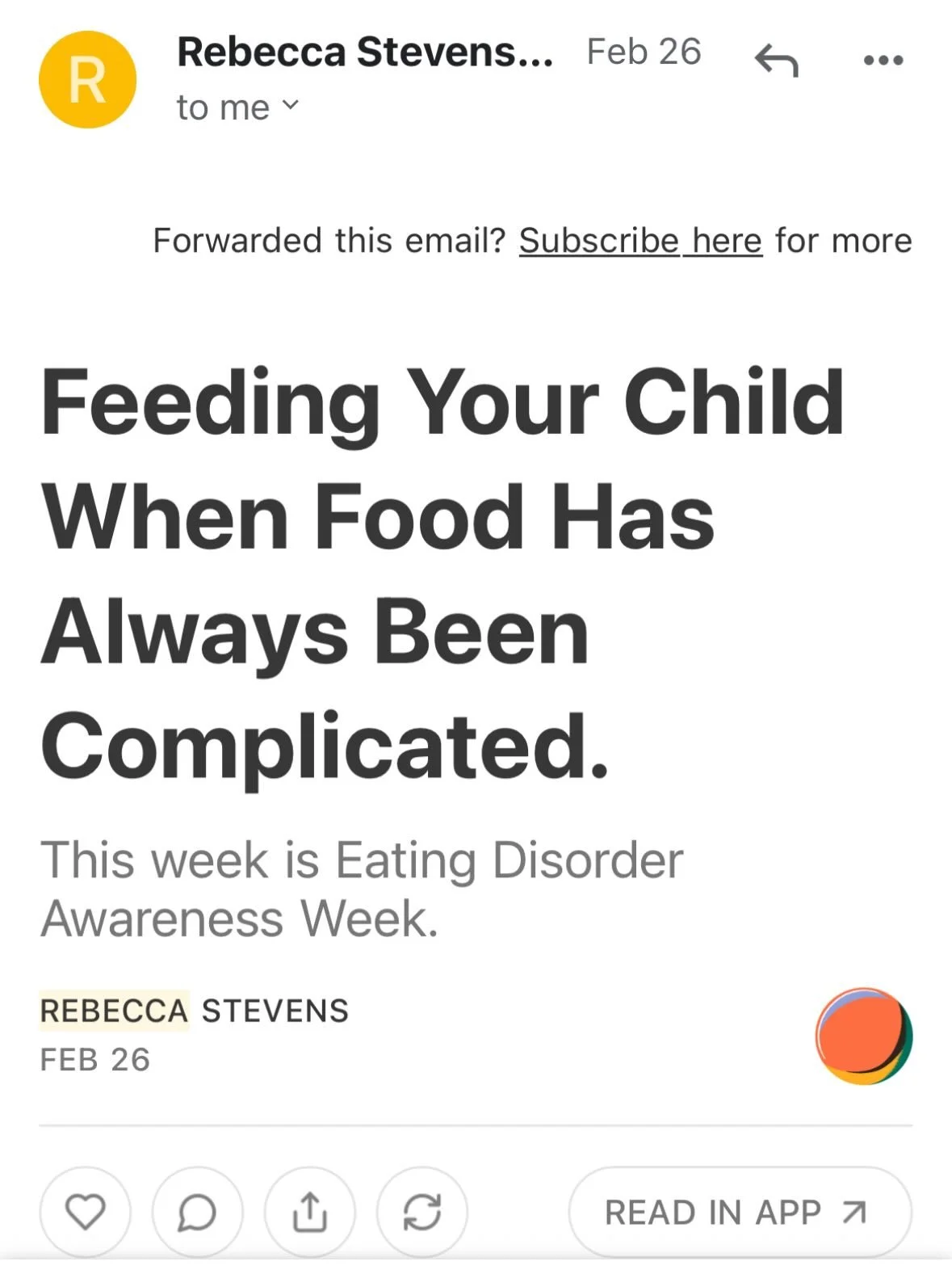 Feeding a child is stressful. Feeding a child when you&rsquo;ve had an eating disorder? That&rsquo;s a whole other level. 💛

Our own @rebeccastevenstherapy just launched her Substack, and her latest post for #EatingDisorderAwarenessWeek is honest, r