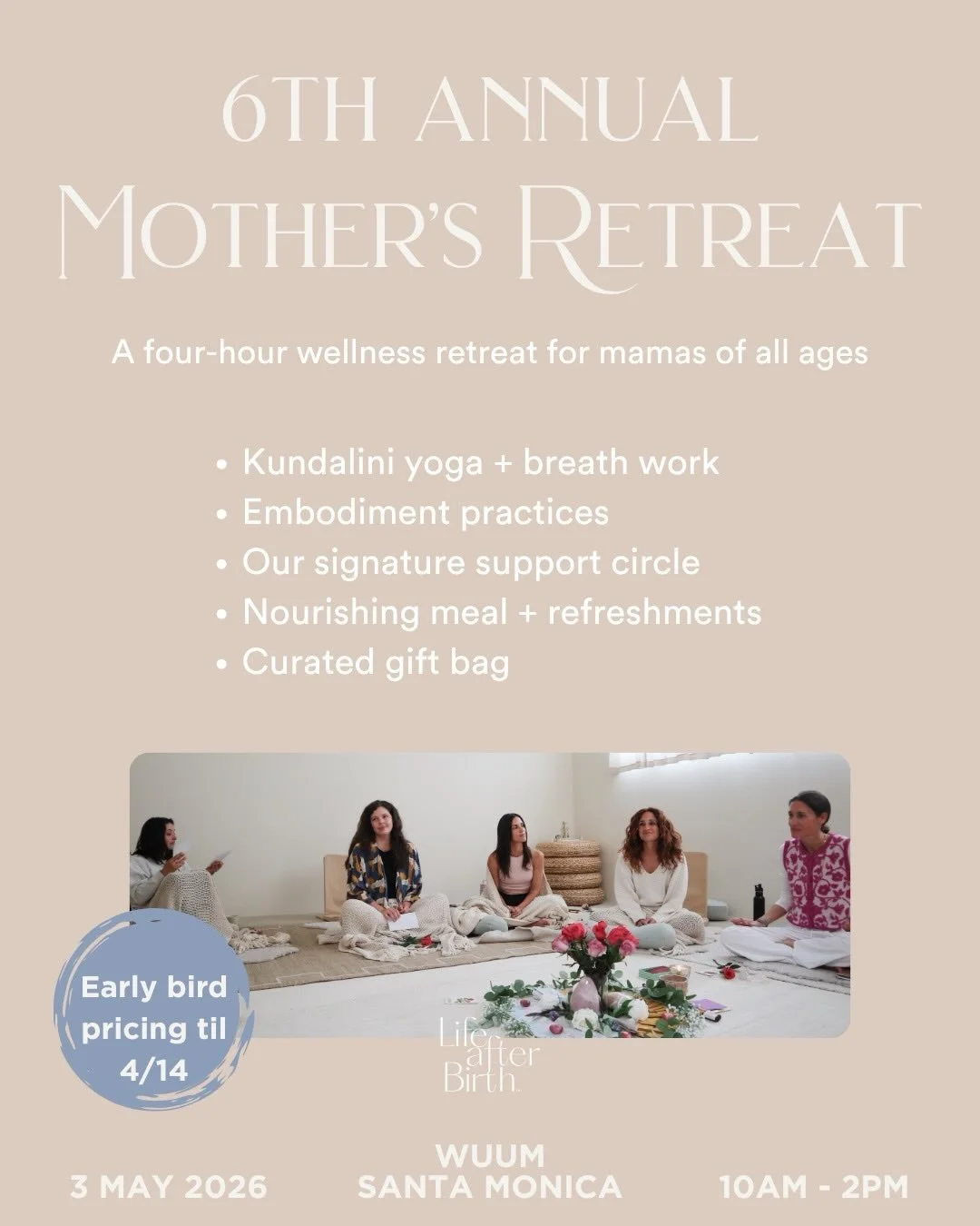 I&rsquo;m honored to co-facilitate our 6th Annual Mother&rsquo;s Retreat with my dear friends and colleagues @azitanahai + @drdicterow 🤍

Sunday, May 3 | 10&ndash;12 at @wuum_la  in Santa Monica

A half day dedicated to connection and nourishment fo