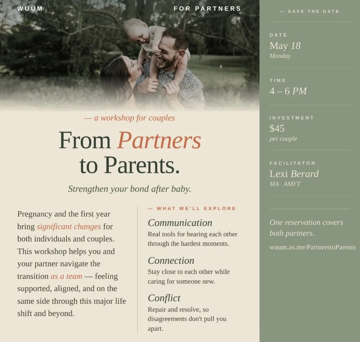 Becoming parents can bring you closer&hellip; and also test everything.

This workshop is a space for new parents to slow down, reconnect, and learn how to move through this transition as a team.

Join us for From Partners to Parents with Life After 