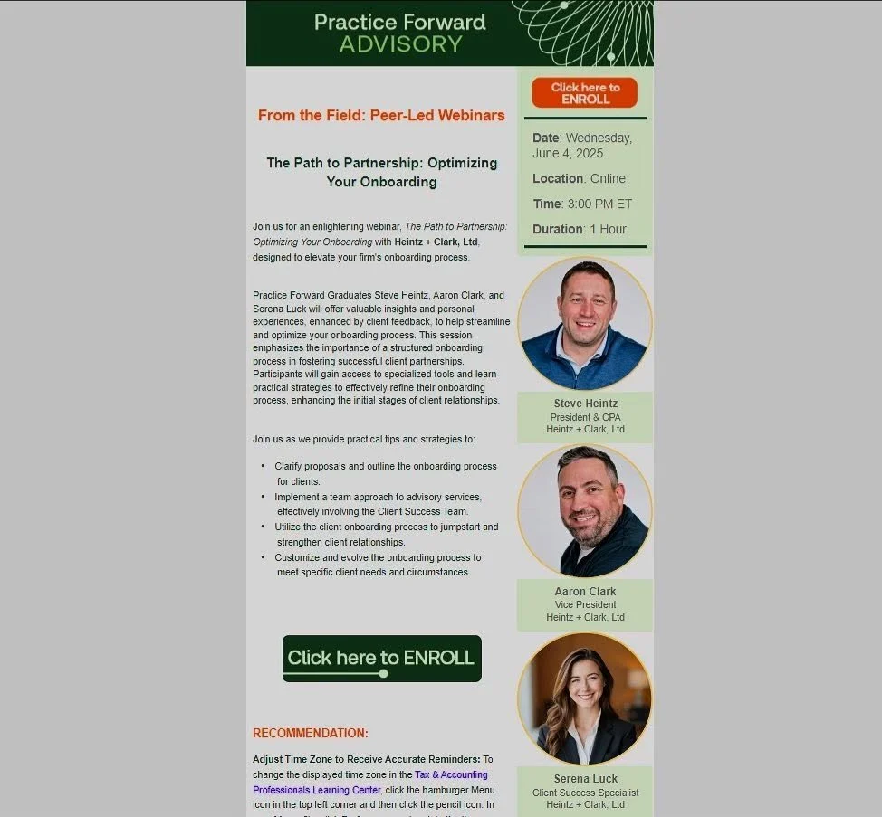 This Wednesday, Steve, Aaron, and Serena will be helping lead a webinar on client onboarding.  They&rsquo;ll be discussing how to implement a team approach to advisory services, using the client onboarding process to jumpstart and strengthen the clie
