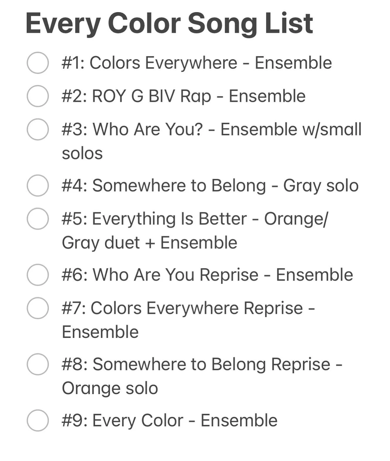Here&rsquo;s my song list so far. With the actors being so young, I wanted almost everything to be ensemble. They will primarily be learning these by ear, and I think it&rsquo;s easiest if you don&rsquo;t have to also try to figure out when to sing a