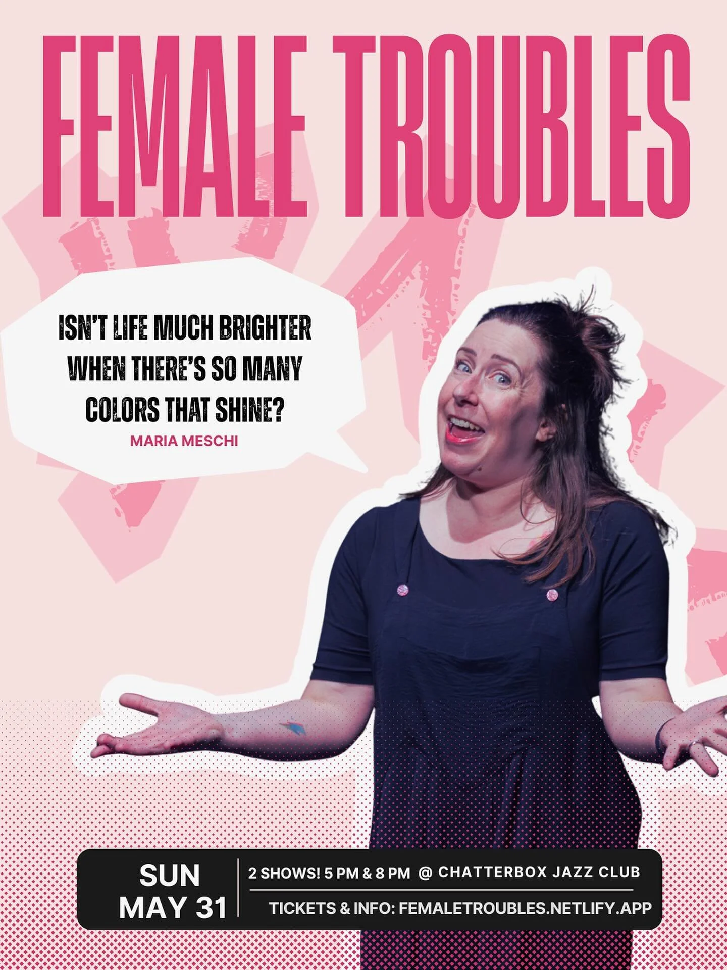 @peskymeschi wants to see YOU at Chatterbox this Sunday, 5/31, 5pm or 8pm!!

Come to the metaphysical dry cleaners, where women go to drop off their troubles for awhile. This original musical comedy cabaret weaves narratives of body image, birth stor