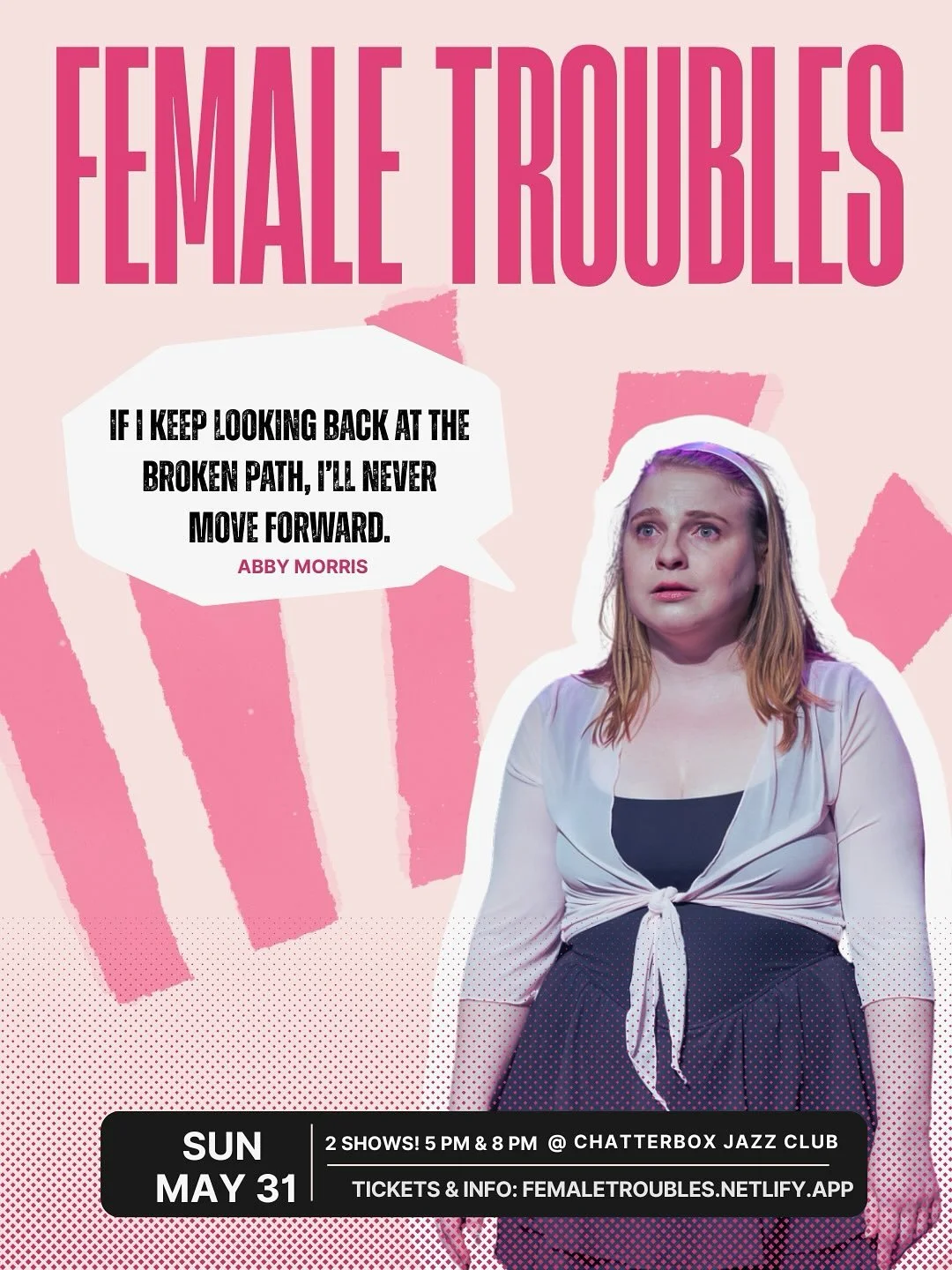 Keep moving forward with @msabbymorris and walk on over to the Chatterbox on 5/31. Music, drinks, stories, laughs, cries&mdash;we&rsquo;ll bring it all.

Ticket link in bio! @chatterboxjazz #femaletroubles