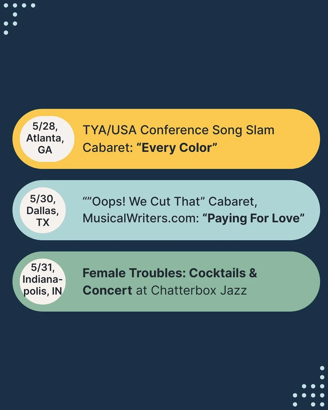 Celebrating and grateful that I&rsquo;ve got three different shows represented on three different stages in three different cities in three different states this weekend. Thursday was the TYA/USA Song Slam Cabaret in Atlanta featuring &ldquo;Every Co