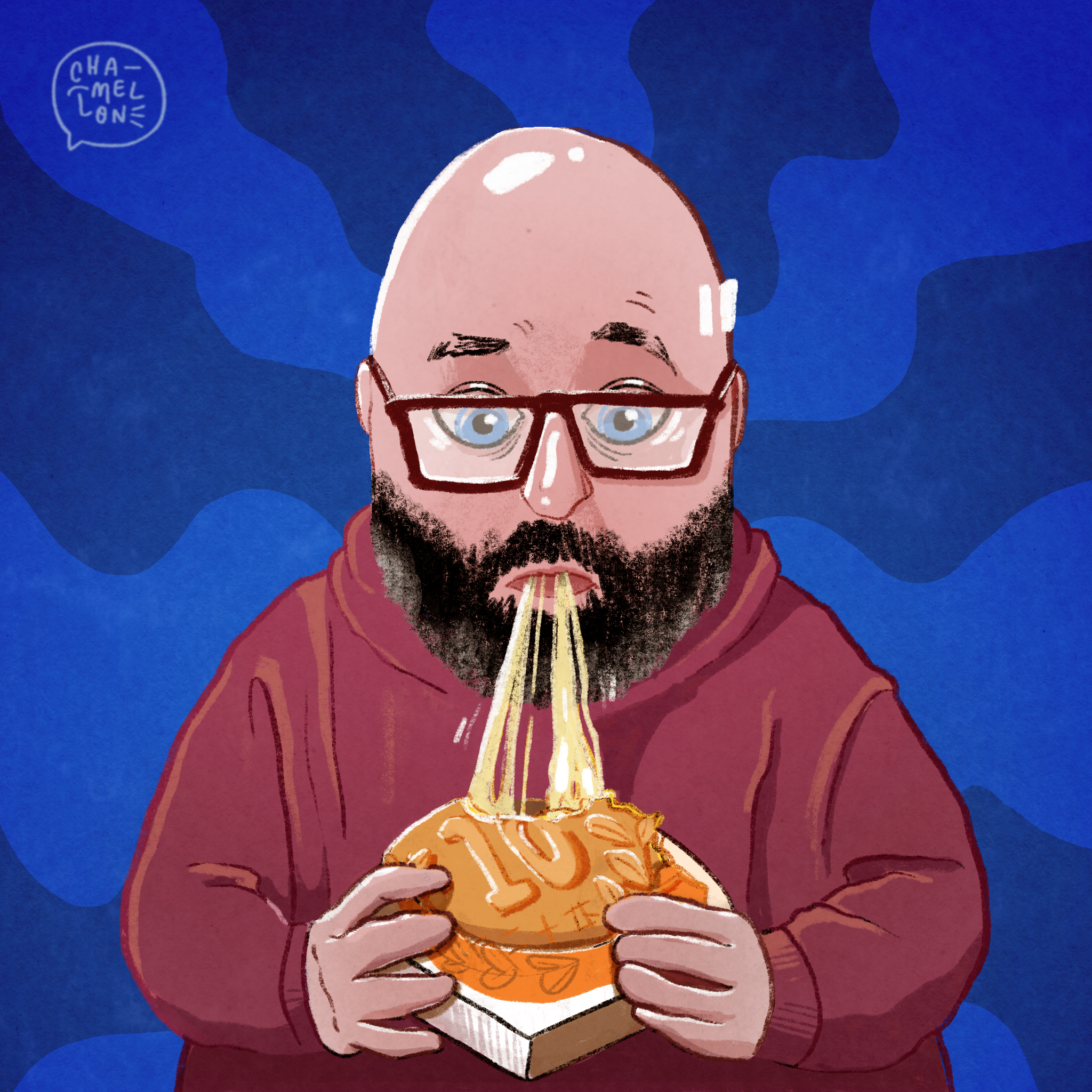 Illustrated portrait of a bald man with a beard and glasses eating a large burger, blue background