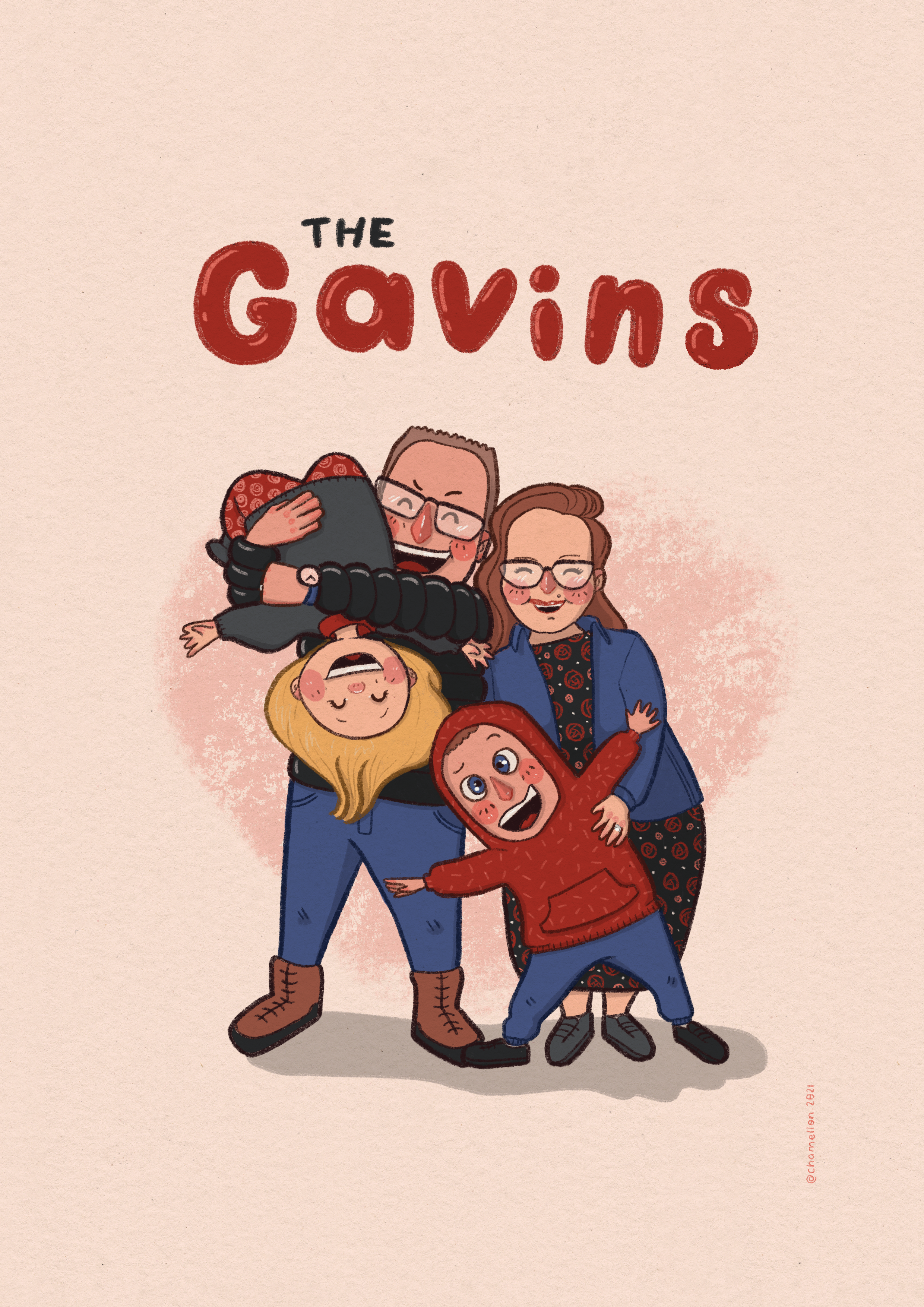 Illustrated family portrait titled "The Gavins," parents holding two children, cream background