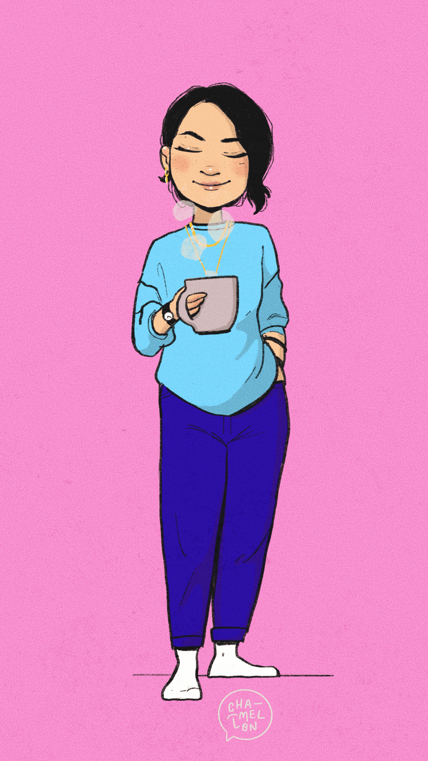 Illustrated character in a red cap and denim jacket holding a coffee mug, pink background
