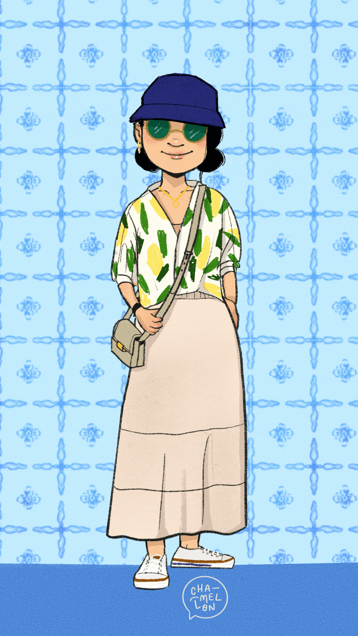 Illustrated character in a bucket hat, sunglasses, and green graphic tee, blue tiled background