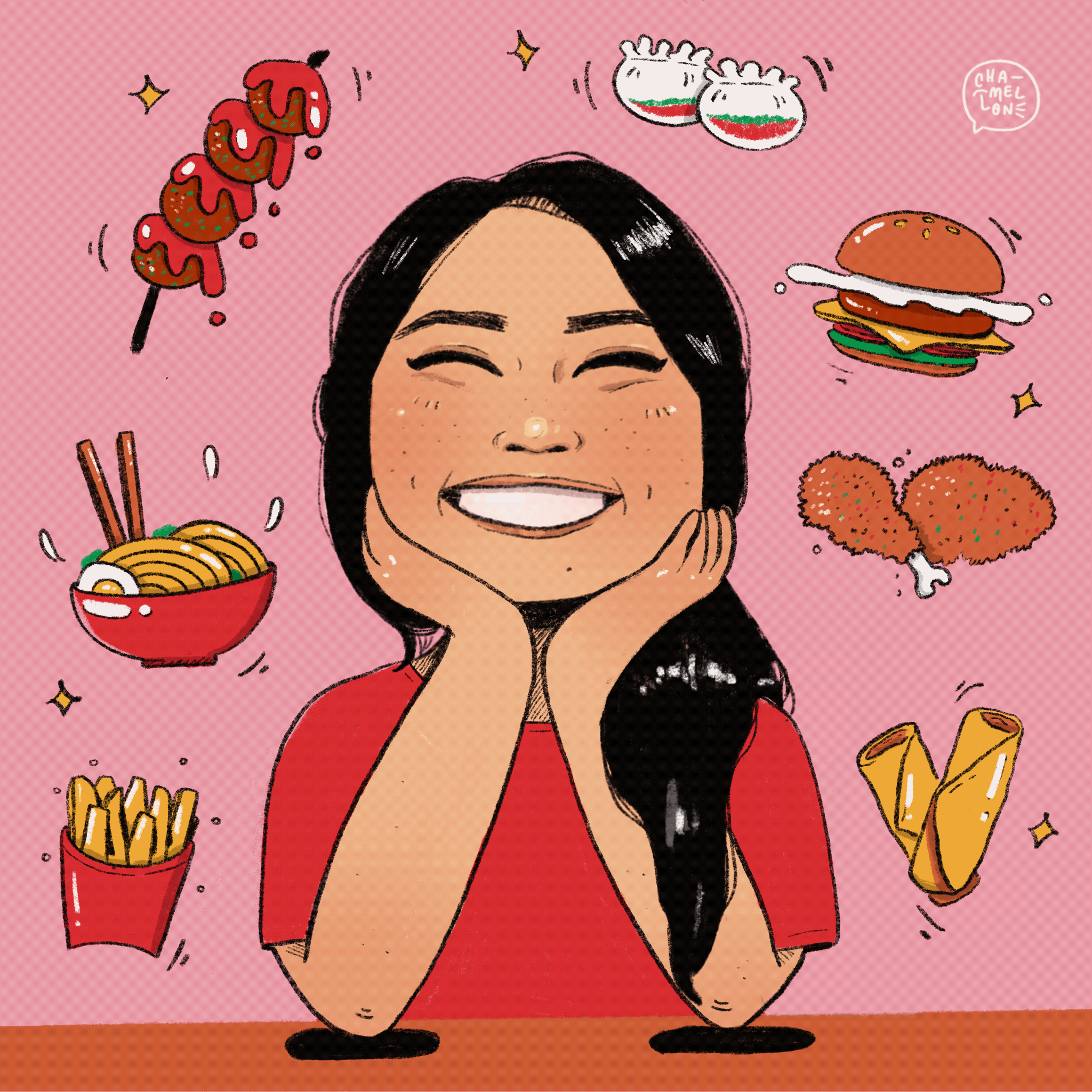 Illustrated portrait of a smiling woman surrounded by favorite foods including ramen, fries, and burger, pink background
