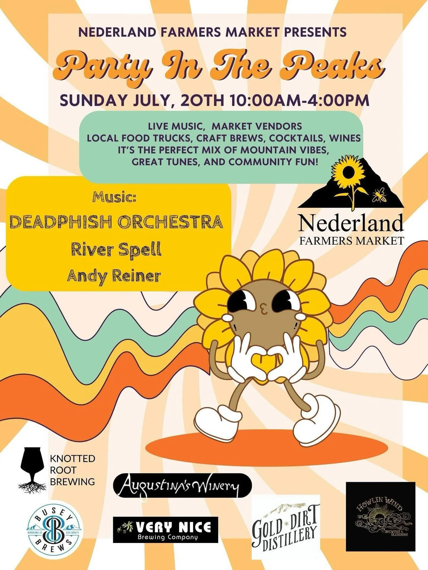 This Sunday (7/20)! 

Join us at the @nederlandfarmersmarket for the annual Party in the Peaks! 

Community, local venders, food trucks &amp; live music from @skiingfiddler @deadphishorchestra and River Spell! Event starts at 10am, we play from 12:30