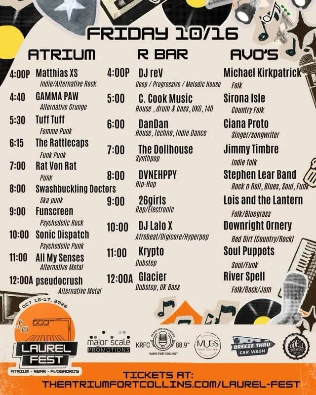 The full schedule for Laurel Fest is here! We&rsquo;ll be closing it down at @avogadrosnumberofficial on Friday 10/16 starting at midnight. We&rsquo;re so excited to party down in Fort Collins.. get your tickets and we&rsquo;ll see you there! 

Link 