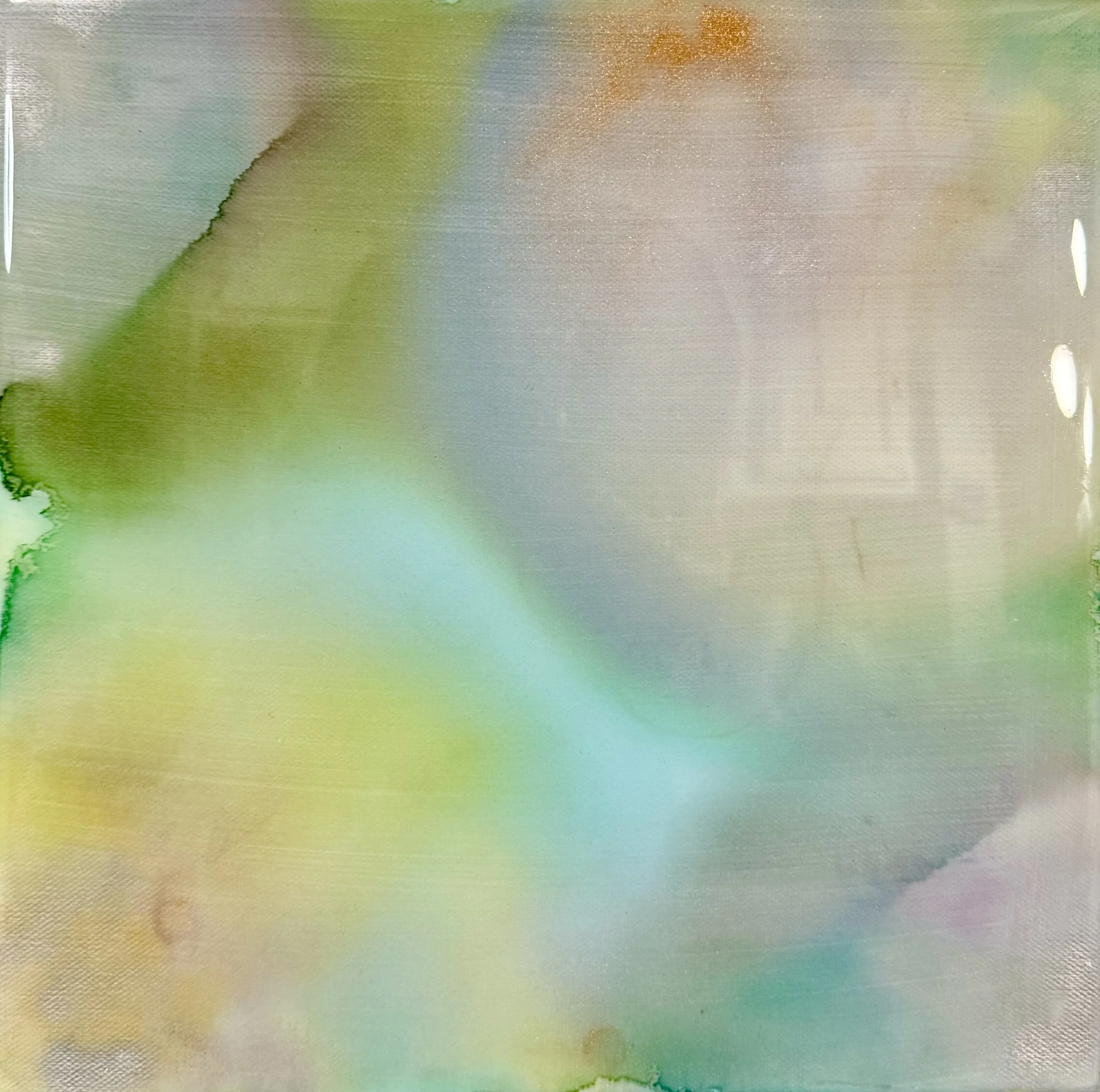 Abstract watercolor painting with soft pastel shades of green, blue, purple, yellow, and pink blending together.