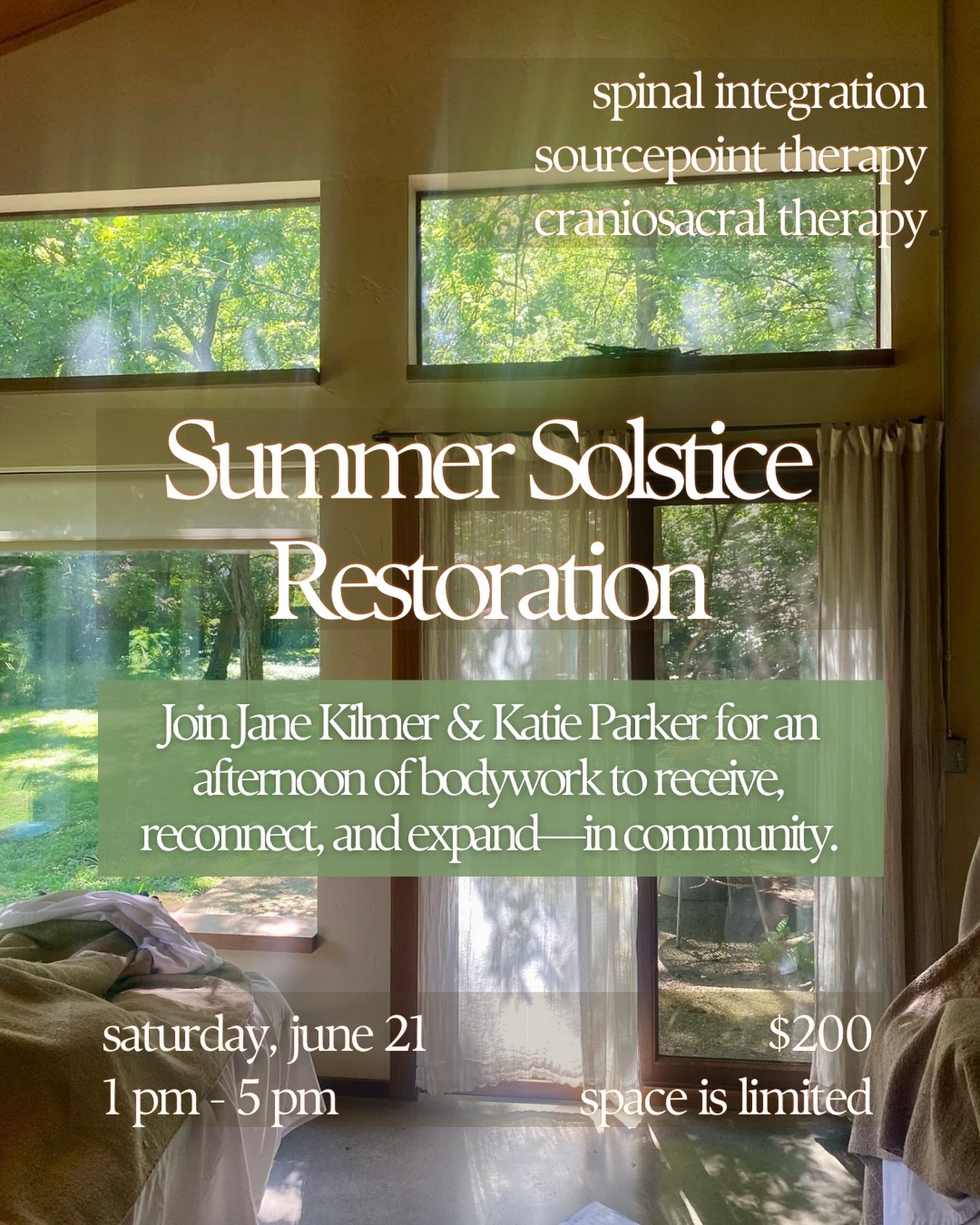 You are invited to join Jane Kilmer, LCSW @janekilmertherapy and Katie Parker, LMT @katieparkermassage for an afternoon of bodywork on one of the most potent days of the year, the summer solstice. 

Both Katie, a licensed massage therapist &amp; Sour