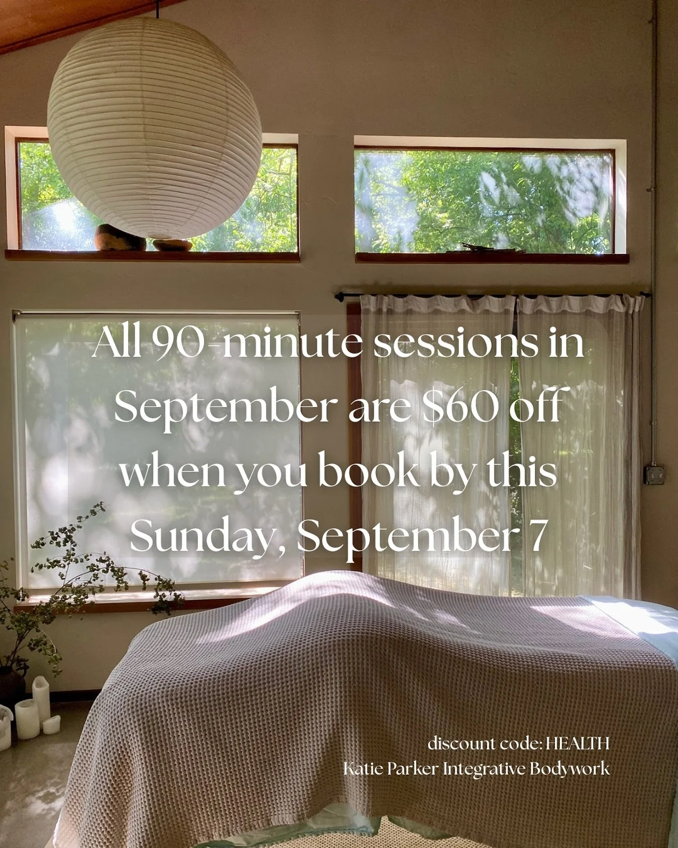 ✨✴️✨ September Discount! ✨✴️✨

In a heartfelt and transparent effort to encourage you to come in for a session this month, please accept the gift of $60 off all 90-minute sessions when you put yourself on my calendar for any open spot in September! I