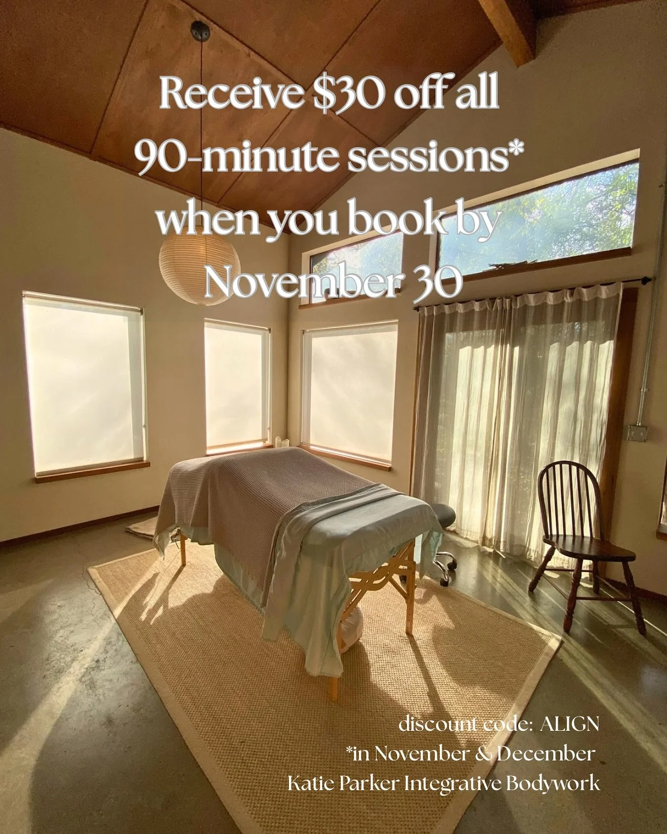 Hi everyone! Did you miss out on the September discount? Here is another opportunity to receive care in either November, December, or both! Find a time in 2026 on my calendar, and when you schedule it before November 30, you can use the code ALIGN to