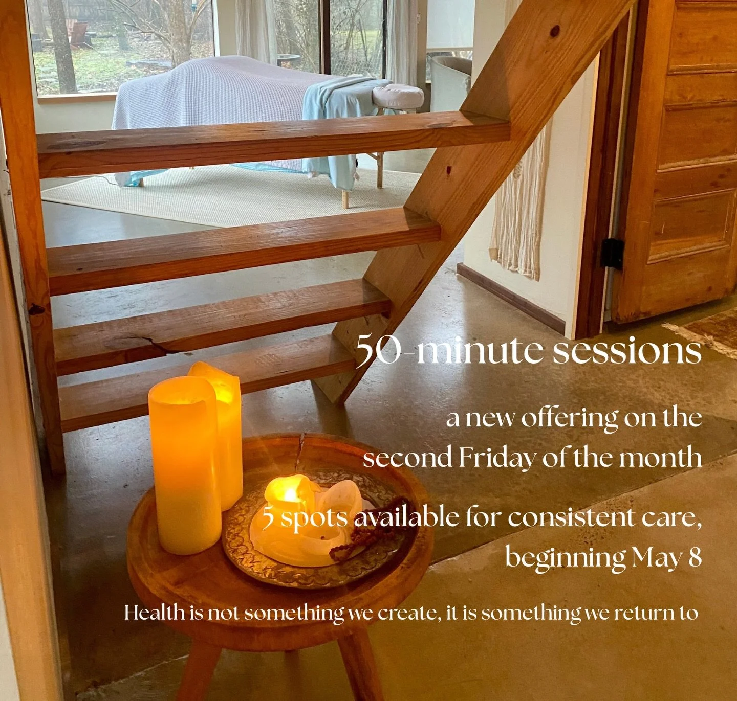 Lower-cost sessions, consistently

Hi! I am devoting one day a month to shorter, lower-cost sessions that are 50-minutes and $130. There are currently 5 spots and are for people who would like to experience how consistent care can support them over t