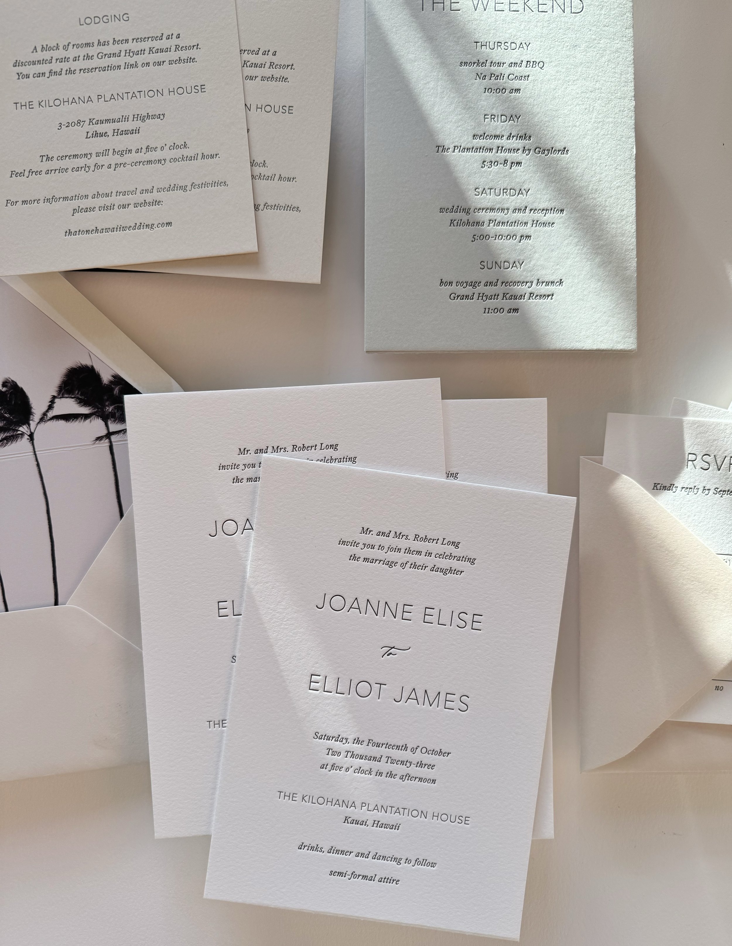 tropical palm tree letterpress wedding invitations