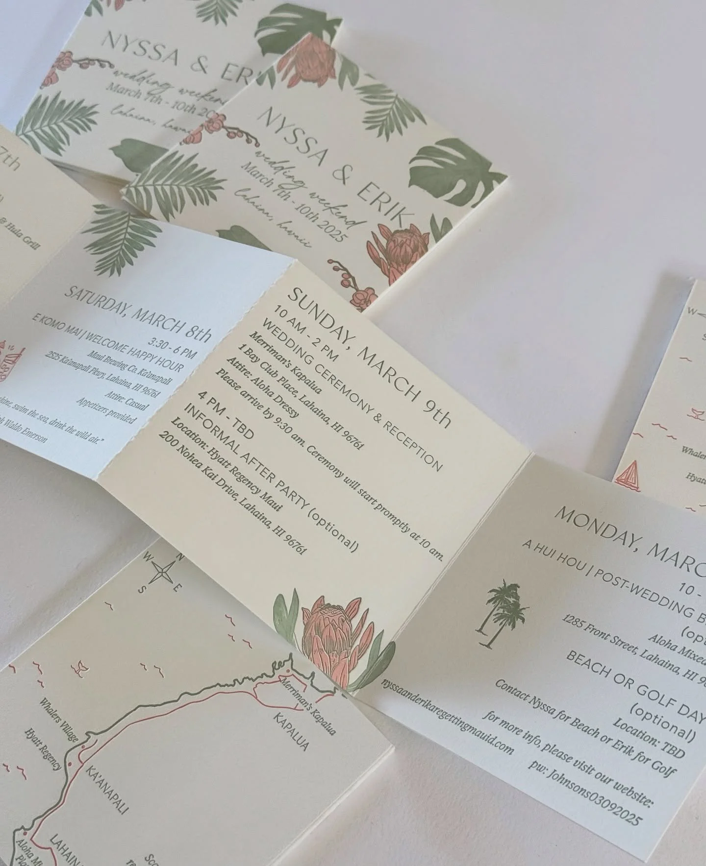 Tri-fold (or in this case, quad-fold) details packets are the perfect way to share alllllll your wedding weekend info with your guests