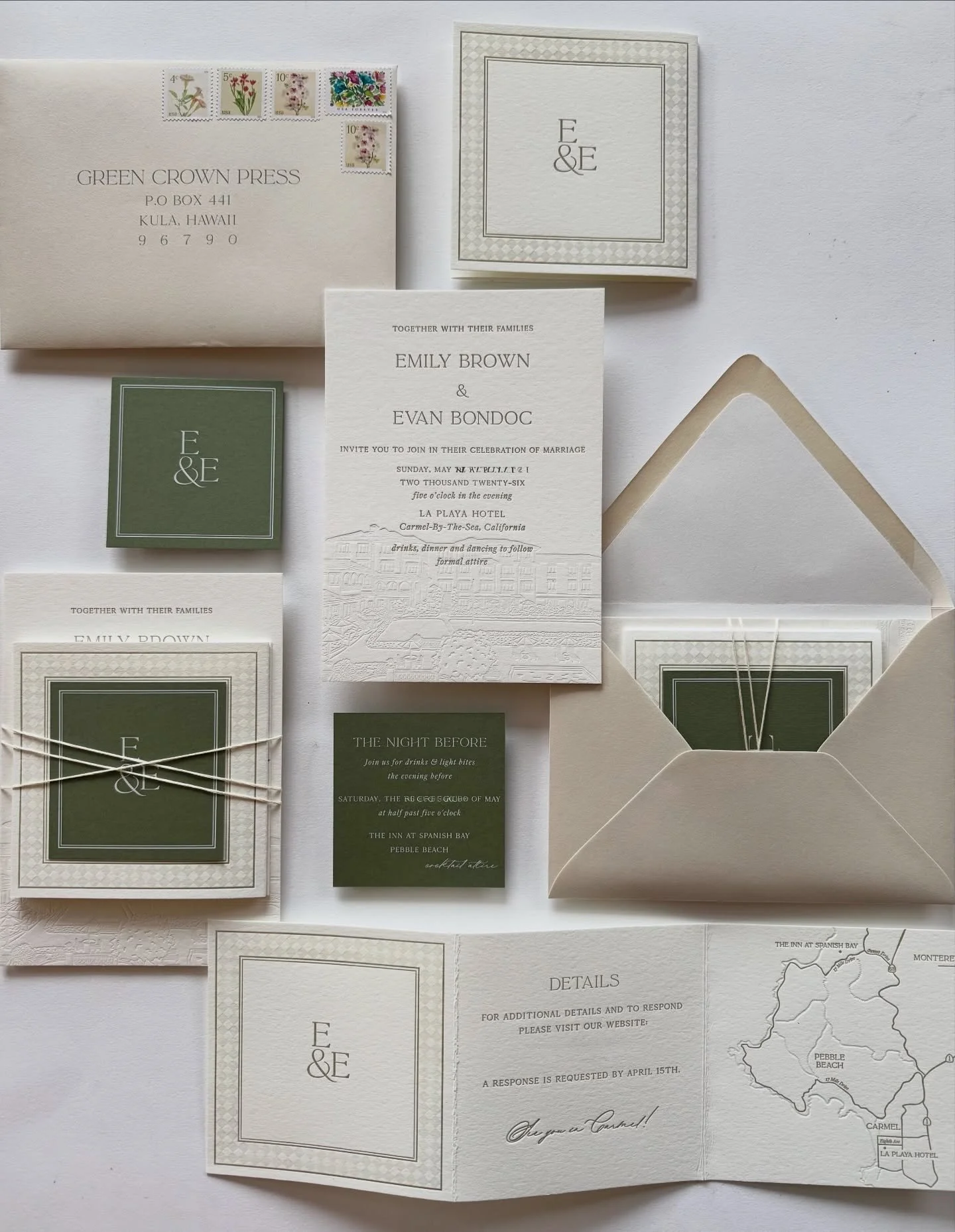 Light neutrals and warm greens for this Carmel wedding suite