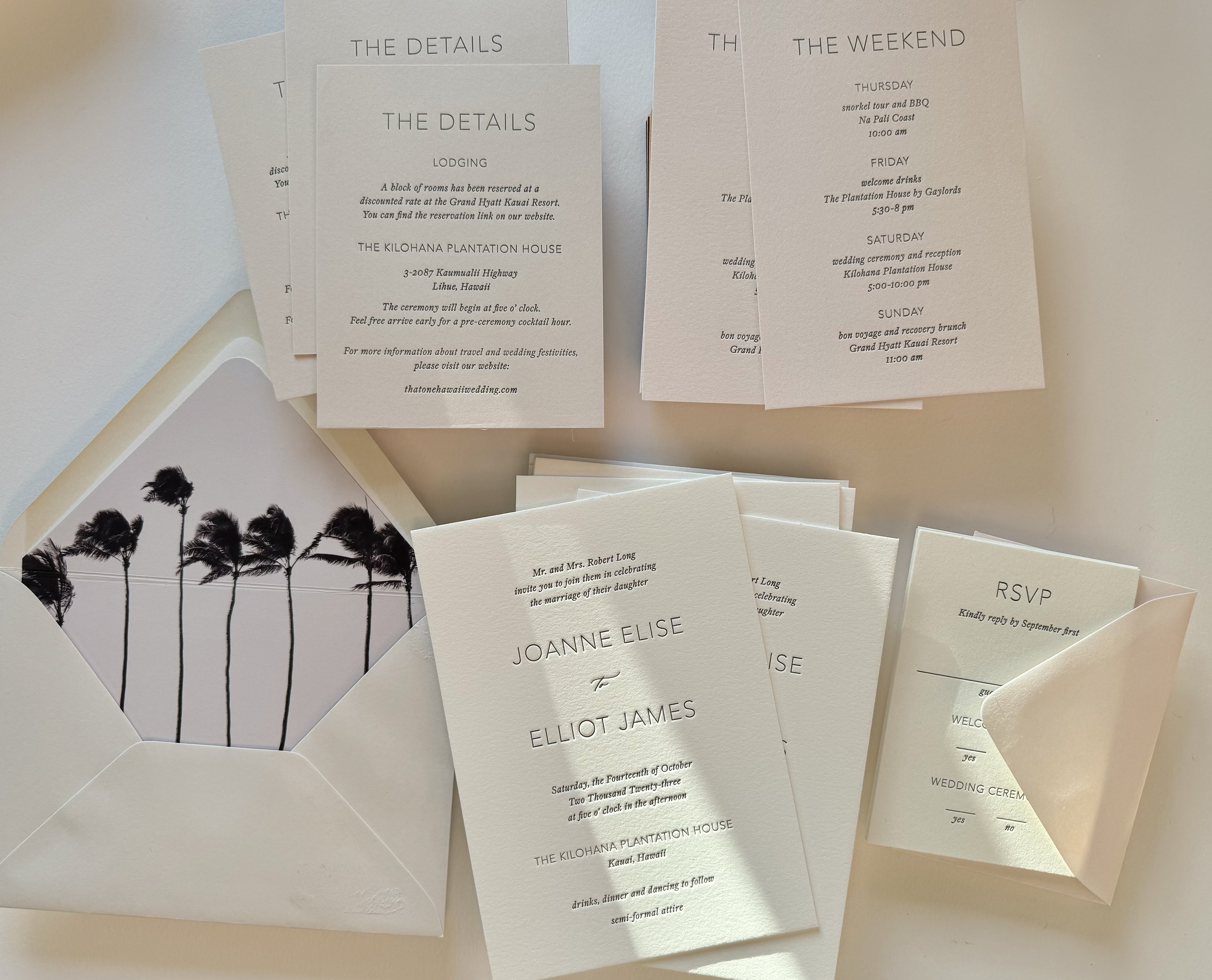 tropical palm tree letterpress wedding invitations