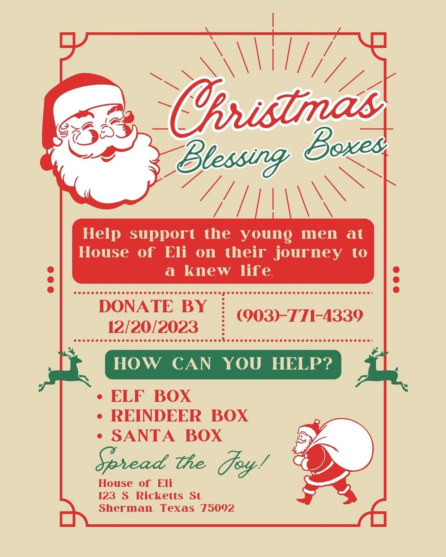 If you&rsquo;re looking for an opportunity to bless someone this Christmas season, please keep House of Eli in mind &hearts;️ We are needing Blessing Box donations to help support our guys throughout the new year. 

🎄Elf box: 6 white t-shirts (M-L),