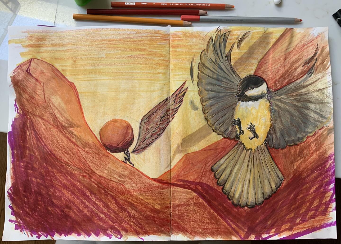 Sometimes when I want to fill up a sketchbook spread I ask for a random prompt or words to get me going. This one was Boulder and Chickadee. 
.
.
.
.
#traditional #sketch #sketching #sketchbook #alcoholmarkers #alcoholmarkerart #alcoholmarkersart #ch
