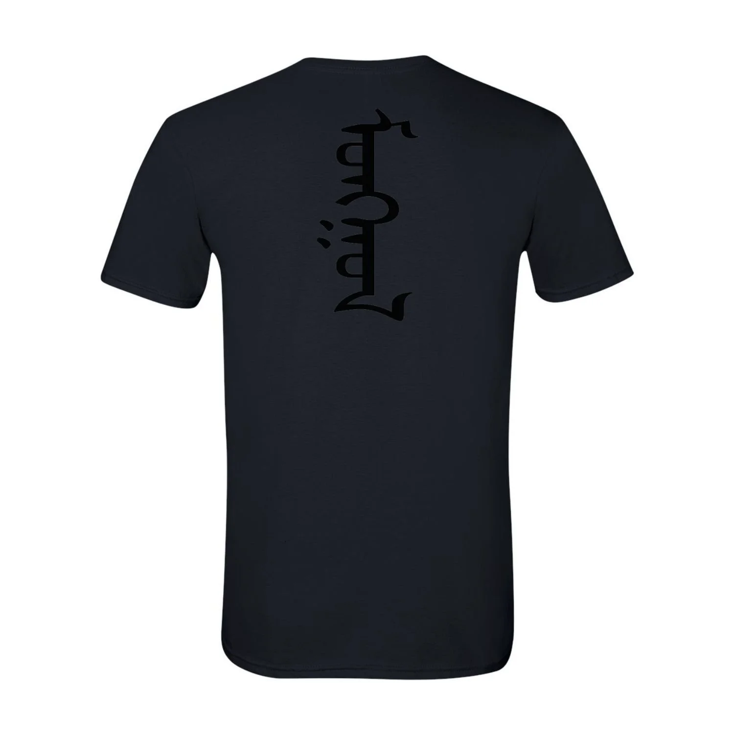 Black unisex t-shirt with large Mongolian script Mongol printed vertically on the back, black design