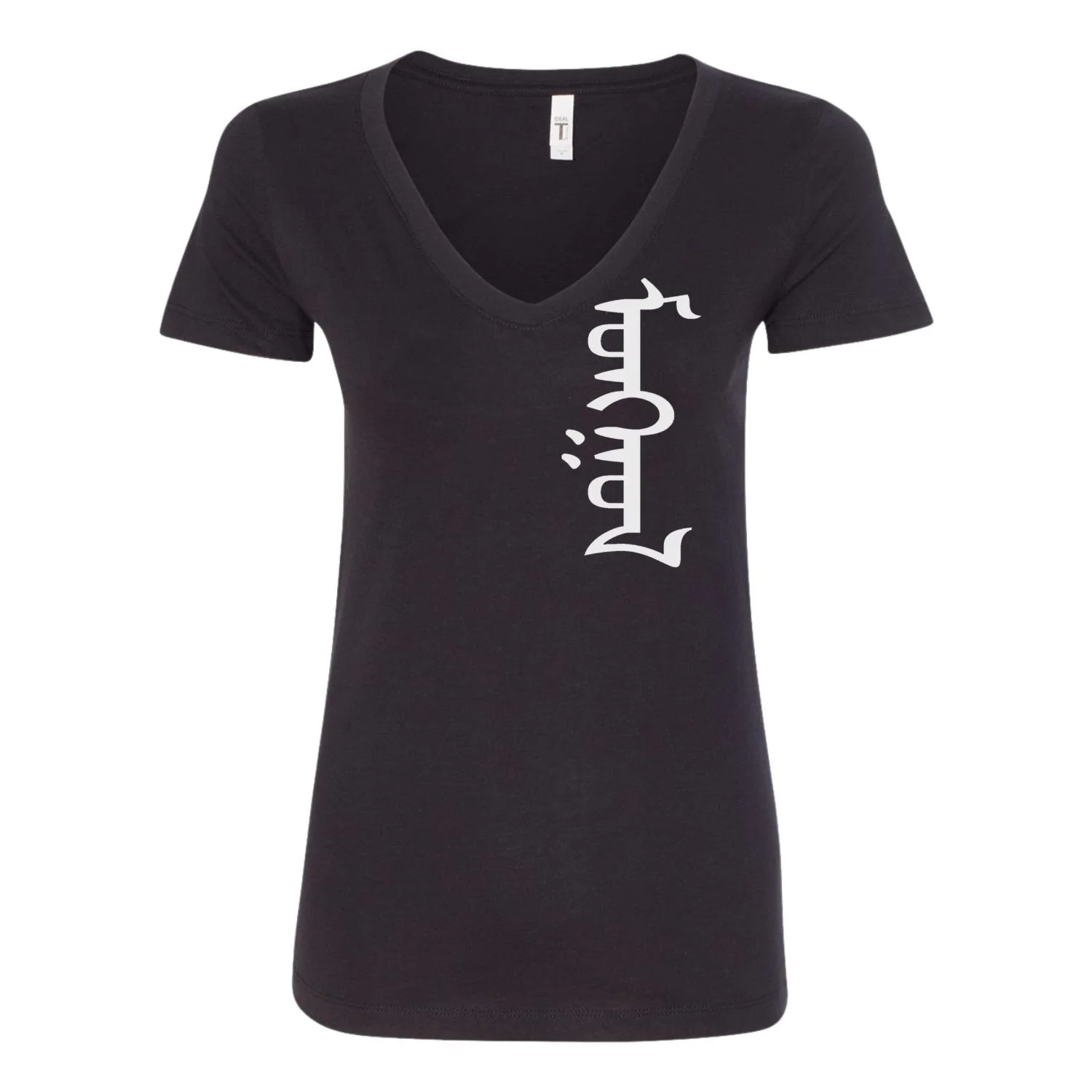 Women's black V-neck t-shirt with Mongolian script Mongol printed vertically on left chest, white design